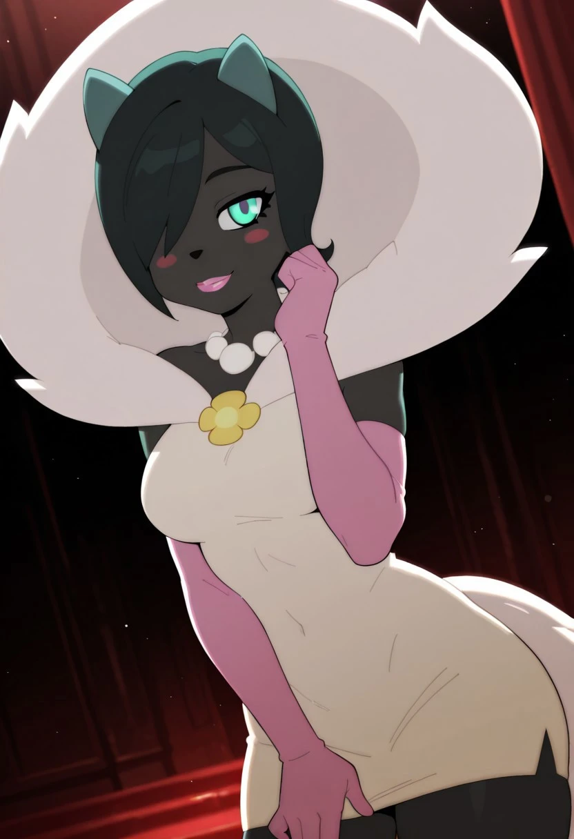 CarnissaMS, 1girl, solo, anthro, furry female, colored skin, dark skin,  animal ears, black hair, short hair, bangs, hair over one eye, black snout, pink lips, aqua eyes, blush stickers, pearl necklace, fur collar, white dress, large , pink elbow gloves, fluffy tail, fur trim, thick thighs,  shoulders,
masterpiece, best quality, fine details, intricate details, depth of field, subsurface scattering, bokeh, ultra-detailed, very aesthetic, detailed background, newest, scenery, highres, absurdres, colorful, vibrant, glowing, perfect face, 2d, perfect eyes,  vibrant saturated colors, volumetric lighting, sharp, detailed eyes, perfect ,  perfect face, perfect eyes, mature body, clear eyes, beautiful eyes, athletic, curvy body, athletic girl, perky , perfect , round , pinup pose, teasing,  expression, perfect hands, 
muscular female, dutch angle,  dynamic pose,
,Smooth Negative, Smooth_Quality,