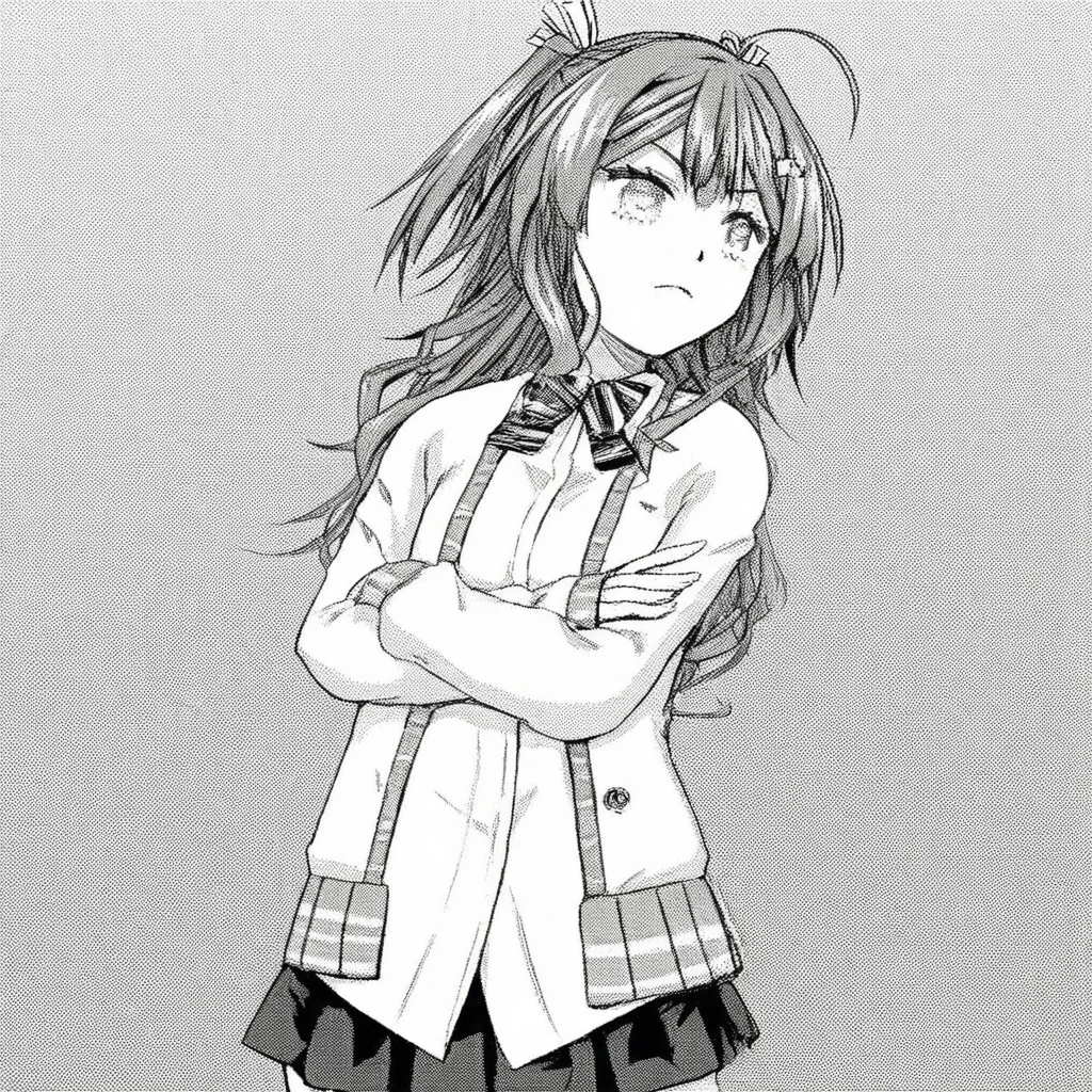 crossed arms, skirt, 1girl, monochrome