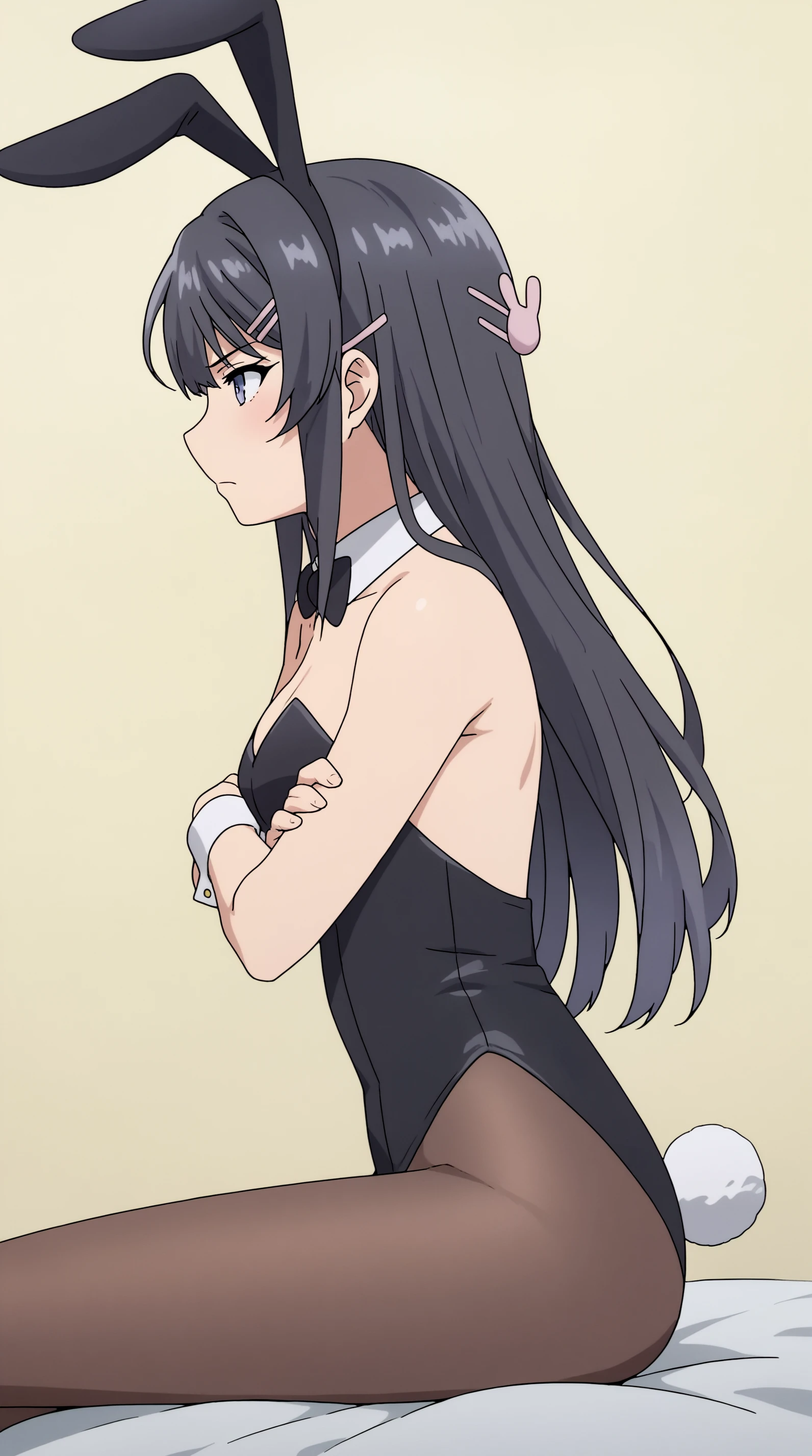 ((komi shouko)), 1girl, alone , Shouko komi,absurdres, animal ears, black leotard, black pantyhose, bow, bowtie, breasts, cowboy shot, detached collar, grey background, highres, komi-san wa komyushou desu, komi shouko, leotard, long hair, medium breasts, pantyhose, playboy bunny, ponytail, purple eyes, rabbit ears, simple background, solo, standing, strapless, strapless leotard, wrist cuffs, excellent hands, excellent anatomy
