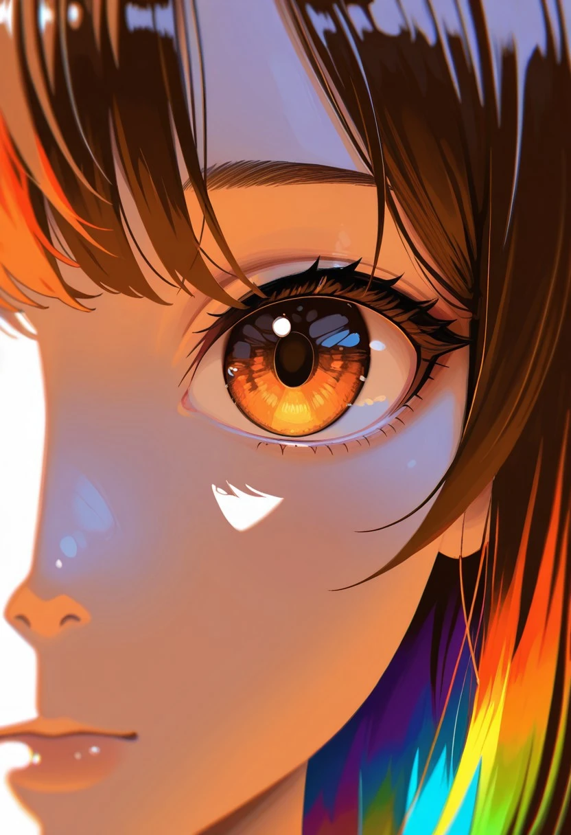 masterpiece, best quality, perfect eyes, newest, highres, absurdres, no lineart, no outline, detailed, looking at viewer, 1girl, solo, chromatic aberration, rainbow hair, brown theme, limited palette, tenebrism, close up, depth of field