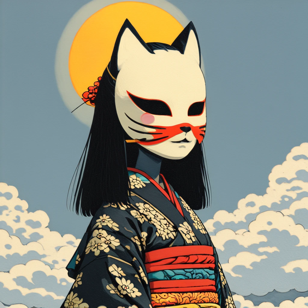 <lora:Neo-Nihonga_Pop_SurrealismSDXL:1> Neo-Nihonga Pop Surrealism, The image shows a woman in a kimono with a cat mask on her face standing in front of a backdrop of clouds and a sun., 1girl, fox mask, solo, long hair, black hair, japanese clothes, mask, kimono, upper body, circle