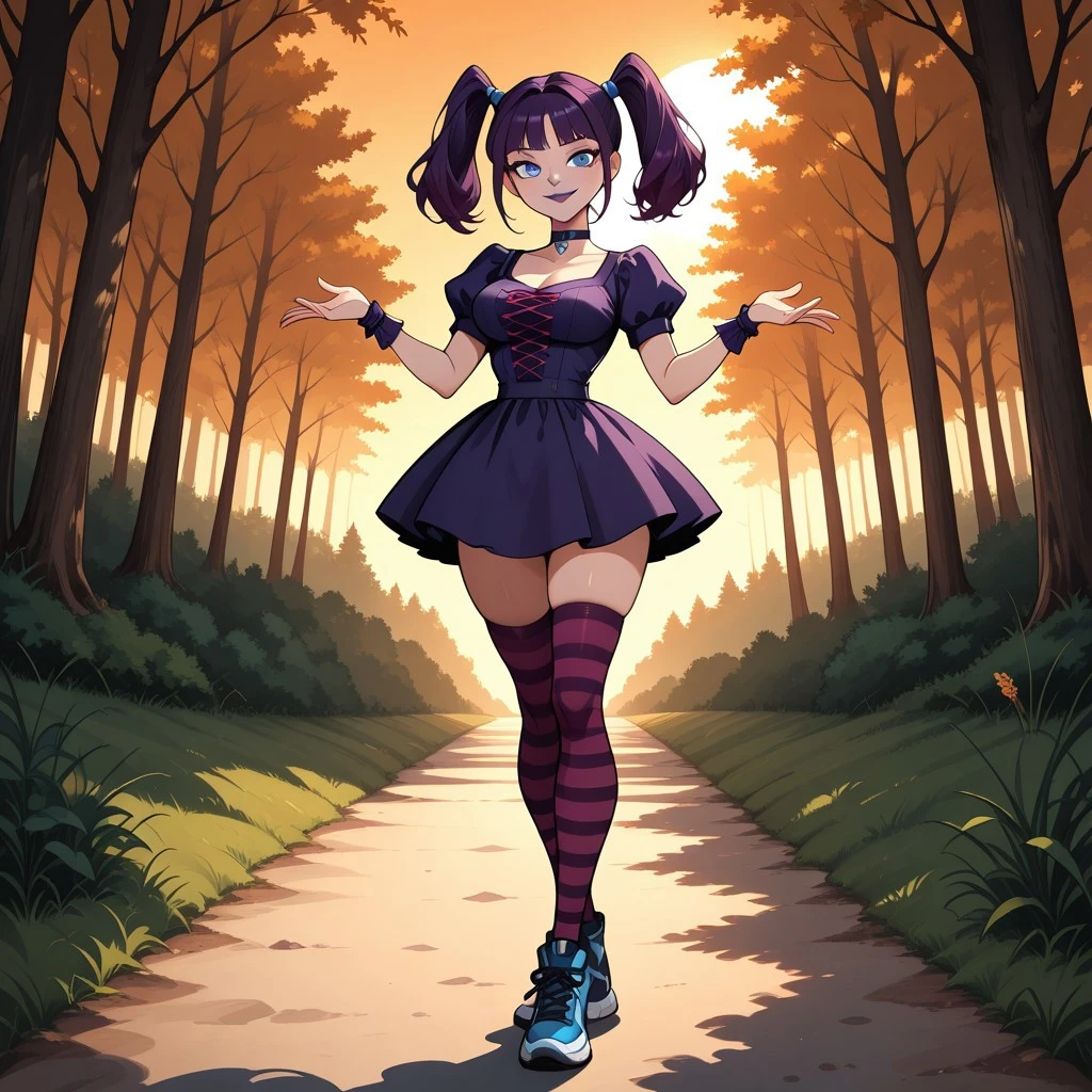 score_9, score_8, BREAK, solo, ScaryGirlTDI, 1girl, dark purple hair, twintails, blue eyes, purple lips, lipstick, dark purple dress, short dress, striped socks, knee highs, sneakers, choker, breasts, wristbands, sexy pose, self portrait, smile, looking at viewer, outdoors, sunlight, shadows, evening lighting, natural lighting, forest, trees, grass, orange sky, sunset