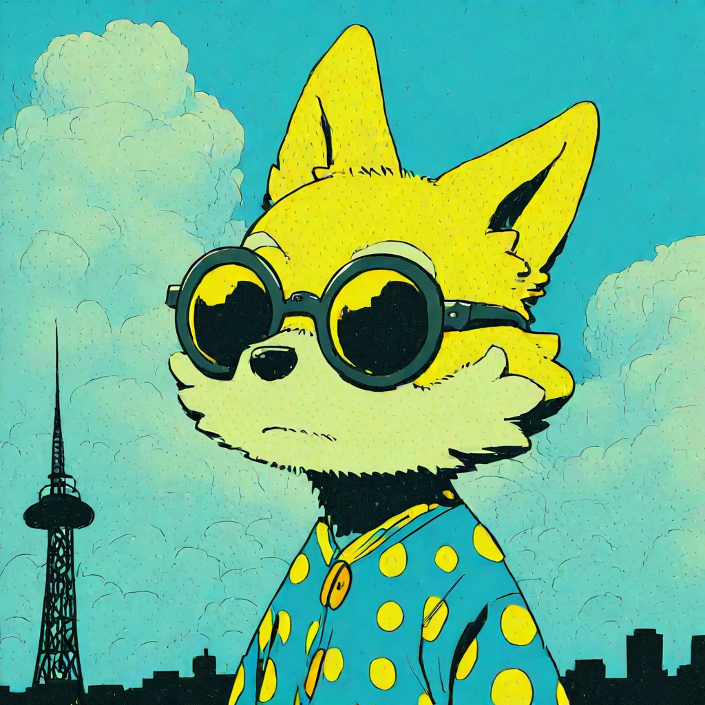 <lora:Neo-Nihonga_Pop_SurrealismIllustrious:1> Neo-Nihonga Pop Surrealism, The image shows a cartoon dog wearing sunglasses and a polka dot shirt standing in front of a TV tower with clouds in the sky and a blue background., cloud, sky, solo, furry, animal ears, male focus, upper body, blue sky, sunglasses, day