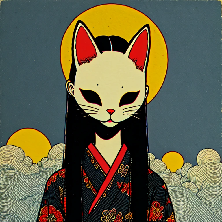 <lora:Neo-Nihonga_Pop_SurrealismSD1:1> Neo-Nihonga Pop Surrealism, The image shows a woman in a kimono with a cat mask on her face standing in front of a backdrop of clouds and a sun., 1girl, fox mask, solo, long hair, black hair, japanese clothes, mask, kimono, upper body, circle