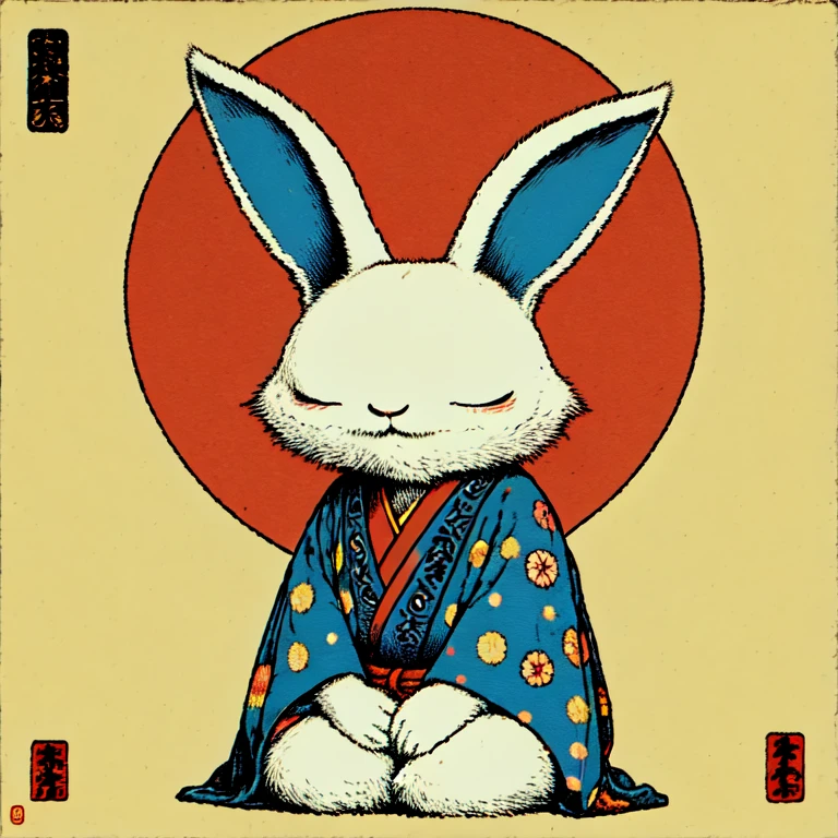<lora:Neo-Nihonga_Pop_SurrealismSD1:1> Neo-Nihonga Pop Surrealism, The image shows a cartoon rabbit wearing a blue kimono with a red sun in the background., sitting, japanese clothes, closed eyes, solo, kimono, blue kimono, furry, rabbit, seiza, facing viewer