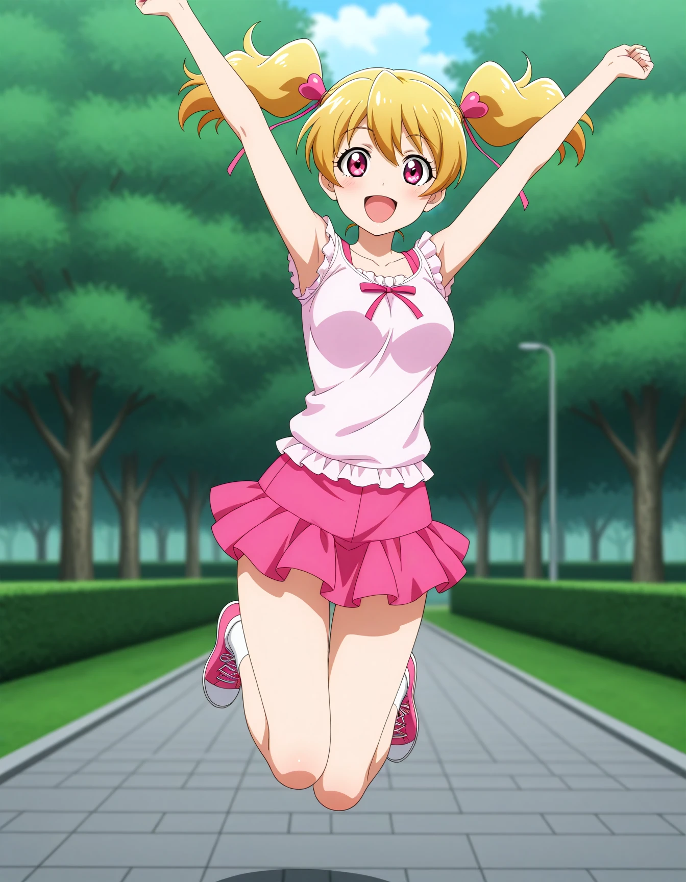 <lora:dmd2-lighting8step_cfg1.5:1>,official style,masterpiece,best quality,newest,very aesthetic,highly detailed,high resolution,absurdres,highres,depth of field,super detailed skin,very awa,Anime,anime coloring,anime screencap,<lora:Cure_Peach_V1:1>,momozono love,pink eyes,blonde hair,short hair,twintails,medium breasts,pink ribbon,miniskirt,smile,open mouth,park,casual,jumping,posing,
