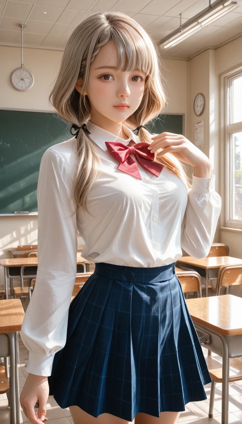 (masterpiece、best quality、extremely detailed 8k、ultra hd、ultra-detailed、highly detailed、highly realistic、photo realistic)、(beautiful realistic face、detailed realistic face)、Extraordinary sexy beauty、angry face、Blonde、long bangs between the eyes,、Super long bright blonde straight hair、twintails、ed bows、red bows in hair、beautiful countenance、Very cute beautiful sexy young little woman、Very perfect beautiful cute face、Glowing big bright light blue eyes、15yo student、blonde、Young Western Woman、Beautiful white shiny skin、 bag、 black legwear、 chalkboard、 classroom、skirt、red skirt、 pleated skirt、 red skirt、 school bag、 school 、uniform、thighhighs、Brown shoes