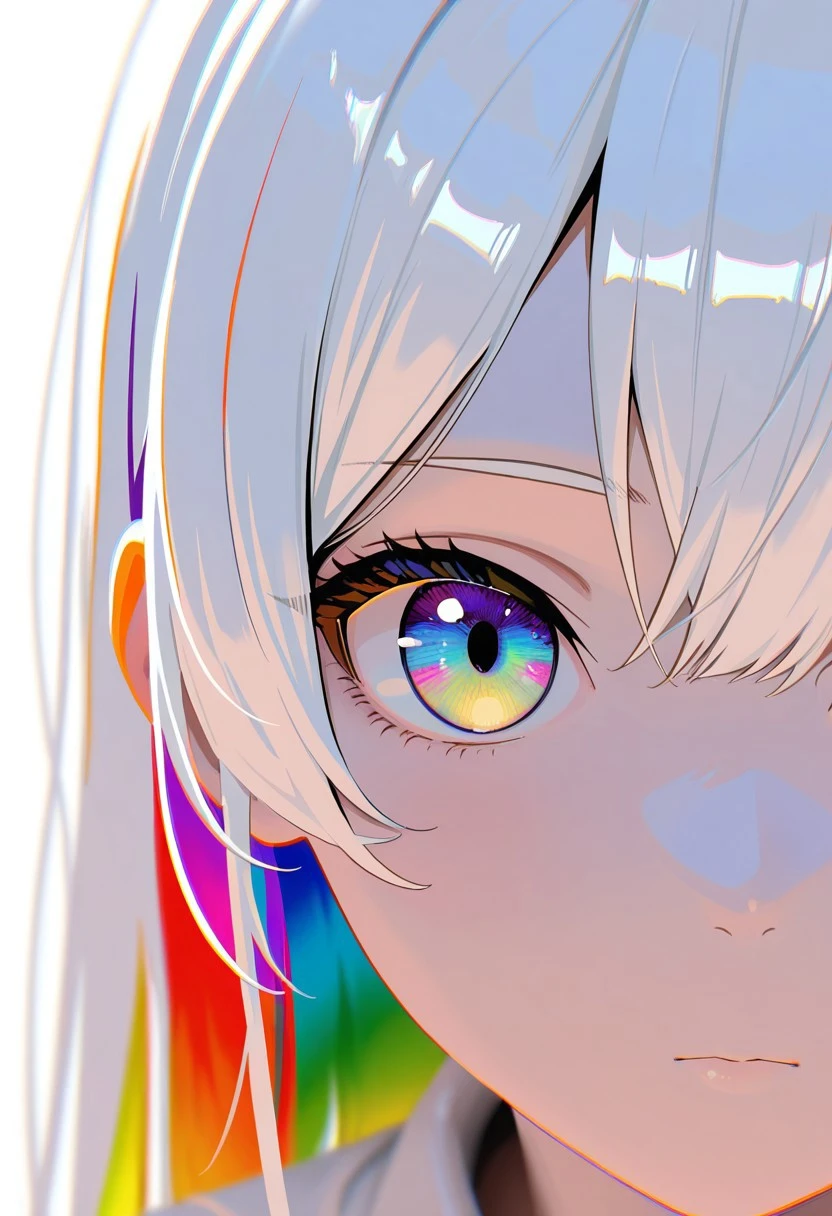 masterpiece, best quality, perfect eyes, newest, highres, absurdres, no lineart, no outline, detailed, looking at viewer, 1girl, solo, chromatic aberration, rainbow hair,white theme ,limited palette,tenebrism,close up, depth of field