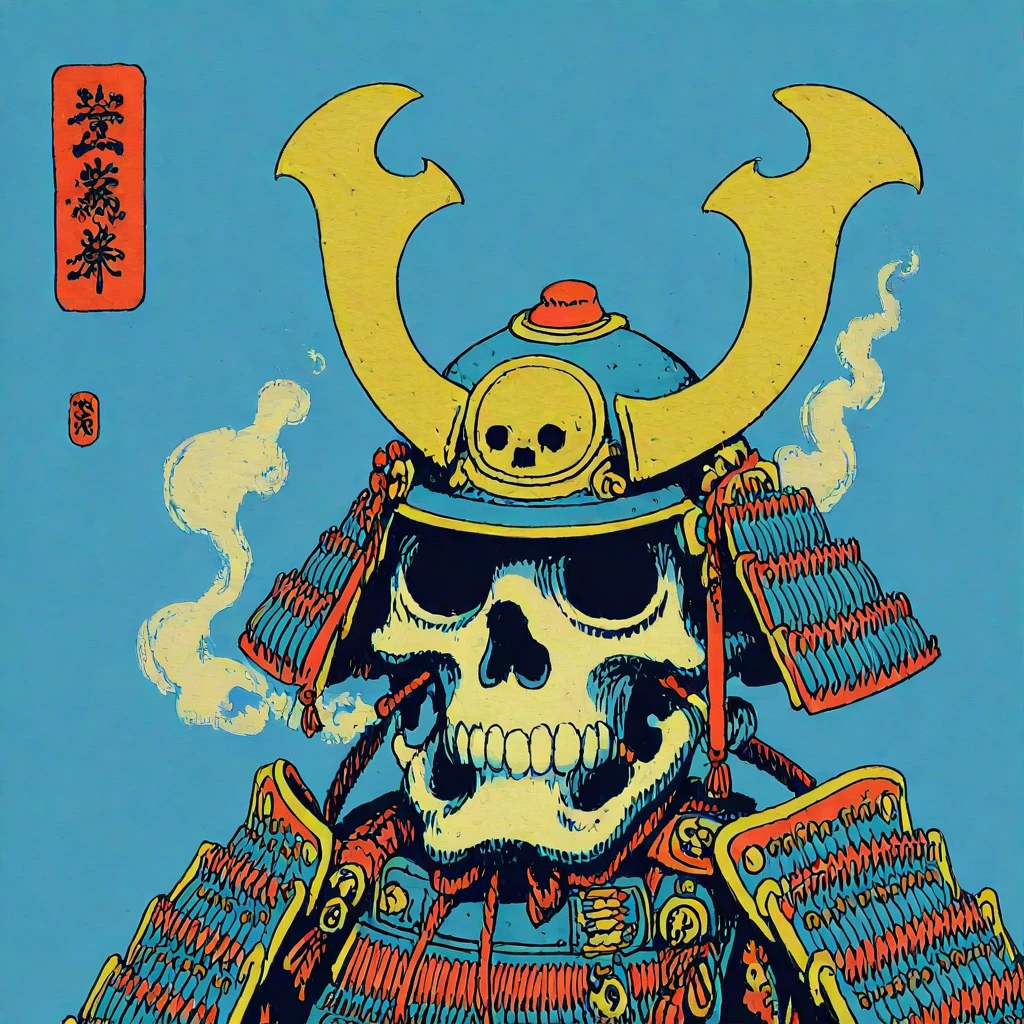 <lora:Neo-Nihonga_Pop_SurrealismIllustrious:1> Neo-Nihonga Pop Surrealism, The image shows a painting of a skull wearing a samurai helmet with smoke coming out of it set against a blue background., kabuto (helmet), japanese armor, armor, samurai, helmet, solo, blue background, shoulder armor, sode, kusazuri