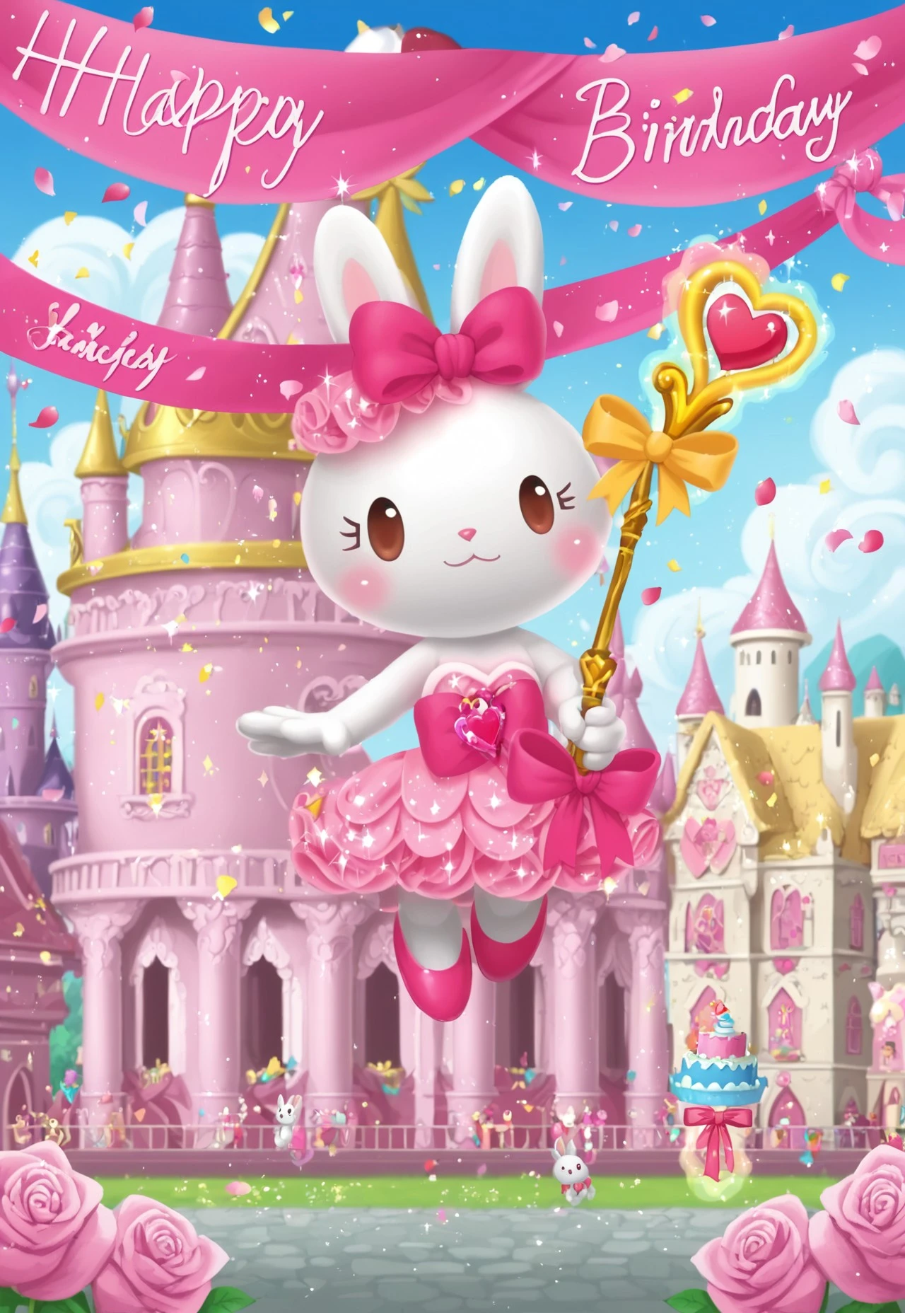 (cutecore, kawaiicore) 1girl, (anthro, furry, furry female) princess pring, rabbit, (white skin, white fur, bodyfur), white rabbit ears, white rabbit snout, rabbit nose, big eyes, dot eyes, brown eyes, blush, (in midair, twirling, pirouette), magic wand, holding magic wand, staff, (hot pink and white gilded rose-shaped ribboned wand), hot pink ribbon, heart-shaped gem, (ribboned heart-shaped gem attached to gilded rose-shaped wand), ballerina, hot pink pink strapless sleeveless ballerina dress, bare shoulders, hot pink frilly tutu, gold crown, pink ballet slippers, ((detailed scenery, detailed background)), pastel colors, outside, afternoon, candyland, birthday party kingdom, (floating flower petals, pink rose petals, casting sparkly magic, pastel architecture, castle, food, cake, birthday cake, candy, chocolate, glossy sparkly balloons, confetti, string of flags, hearts, sparkles, glitter)