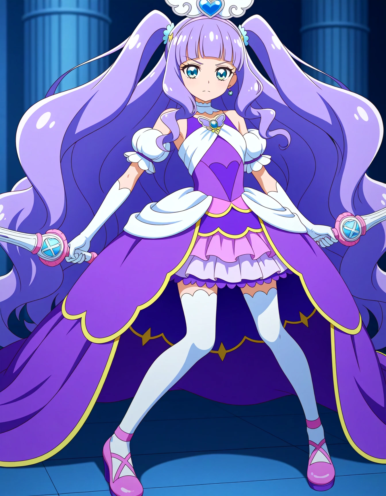 <lora:dmd2-lighting8step_cfg1.5:1>,official style,masterpiece,best quality,newest,very aesthetic,highly detailed,high resolution,absurdres,highres,depth of field,super detailed skin,very awa,Anime,anime coloring,anime screencap,<lora:Cure_Majesty_V1:1>,cure majesty,solo,aqua eyes,long hair,purple hair,very long hair,two side up,wing hair ornament,hair ornament,wing brooch,jewelry,brooch,purple dress,medium dress,heart dress,shoulder cutout,layered skirt,pleated skirt,purple skirt,miniskirt,gloves,elbow gloves,white gloves,sleeveless,white thighhighs,purple footwear,shoes,dual_wielding weapon,fighting_stance,