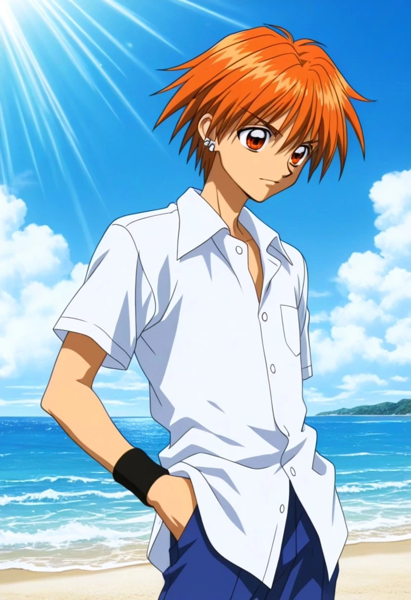 High quality, high definition, very clear, perfect eyes, perfect anatomy, anime, anime style, anime screencap, anime coloring, anime official art, 1male only, 1boy only, male focus, solo male, handsome, very attractive male, sexy, cute, charming, tall body, tall height, Kaito Doumoto, orange hair, orange eyes, ear piercing, white collared buttoned shirt, left black wristband, blue pants, cowboy shot, head to hips shot, seashore, beach, blue sky, sun rays