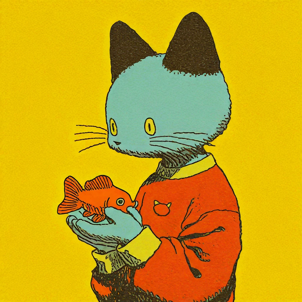 <lora:Neo-Nihonga_Pop_SurrealismIllustrious:1> Neo-Nihonga Pop Surrealism, The image shows a cartoon cat wearing a red dress holding a goldfish bowl in its hands with a yellow background., yellow background, solo, holding, simple background, fish, upper body, cat ears, whiskers, shirt, long sleeves