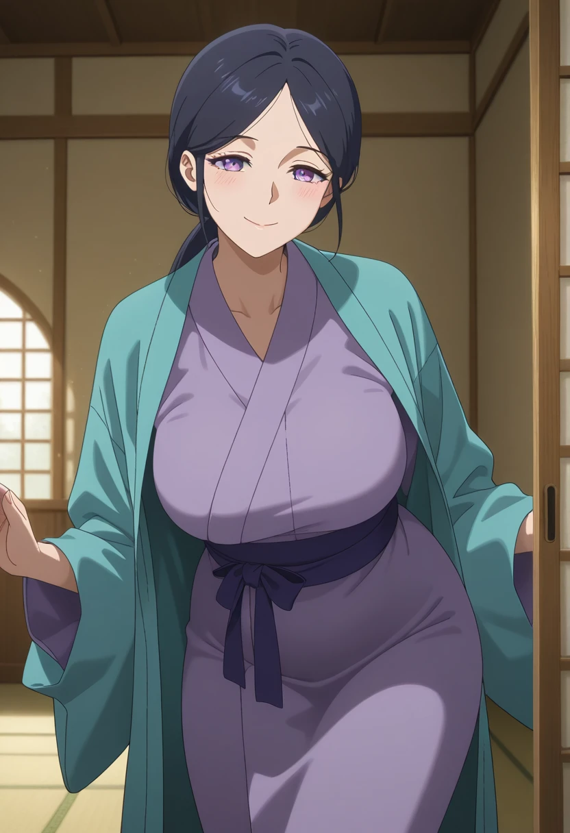 cowboyshot, master piece, masterpiece,  :d,, best quality, blue eyes, huge breast , 1girl, solo, bun, blackhair,   , seductive, purple kimono, long sleeves, japanese clothes, beautiful face, beautiful eyes, perfect body, upper body, indoor, traditional house, looking at viewer, high detailed illustration, high detailed background, hi-res INFO
