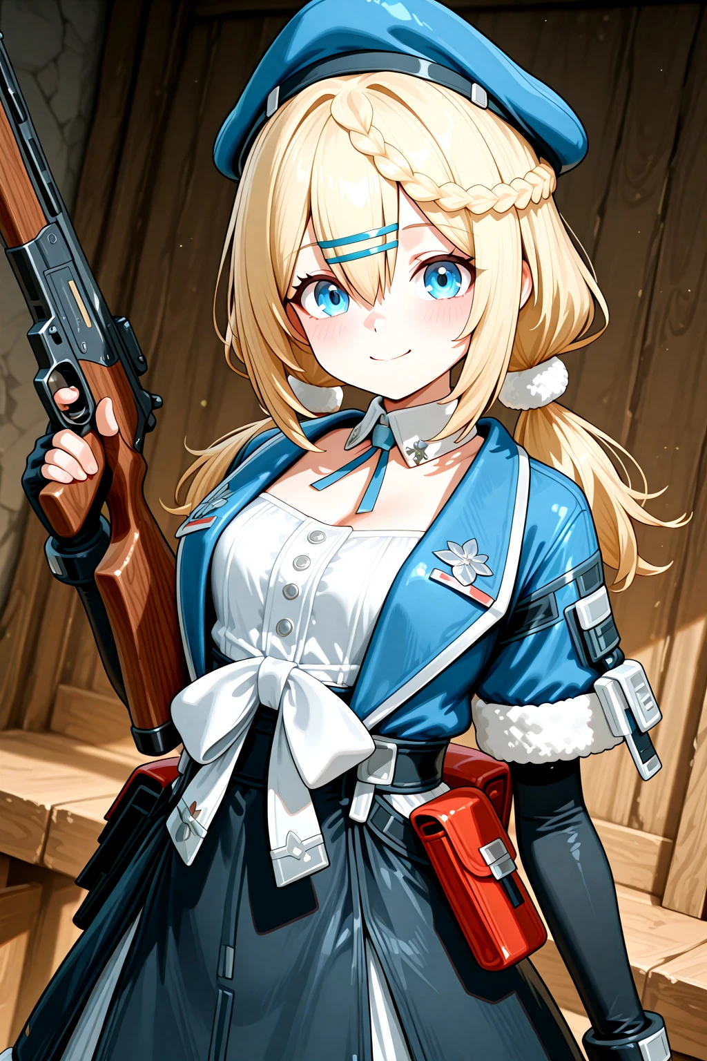 masterpiece, best quality, amazing quality, 1girl, solo, makeup, general, cowboy shot, looking at viewer, blush, dramatic angle, smile, <lora:GF2_Papasha:1>, GF2_Papasha, blonde hair, hairclip, long hair, blue eyes, low twintails, braid, braided bangs, hair between eyes, breasts, beret, blue headwear, blue jacket, white shirt, short sleeves, black gloves, fingerless gloves, elbow gloves, open jacket, black skirt, pouch, fur trim, detached collar, weapon, gun, rifle, holding weapon, magazine(weapon), <lora:wai-A3-V140:1>, <lora:illustrious_noobai_epsilon_pred_1_masterpieces_v1:1>