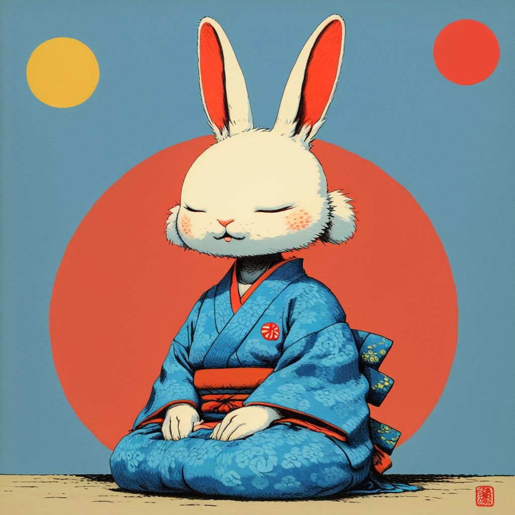 <lora:Neo-Nihonga_Pop_SurrealismSDXL:1> Neo-Nihonga Pop Surrealism, The image shows a cartoon rabbit wearing a blue kimono with a red sun in the background., sitting, japanese clothes, closed eyes, solo, kimono, blue kimono, furry, rabbit, seiza, facing viewer