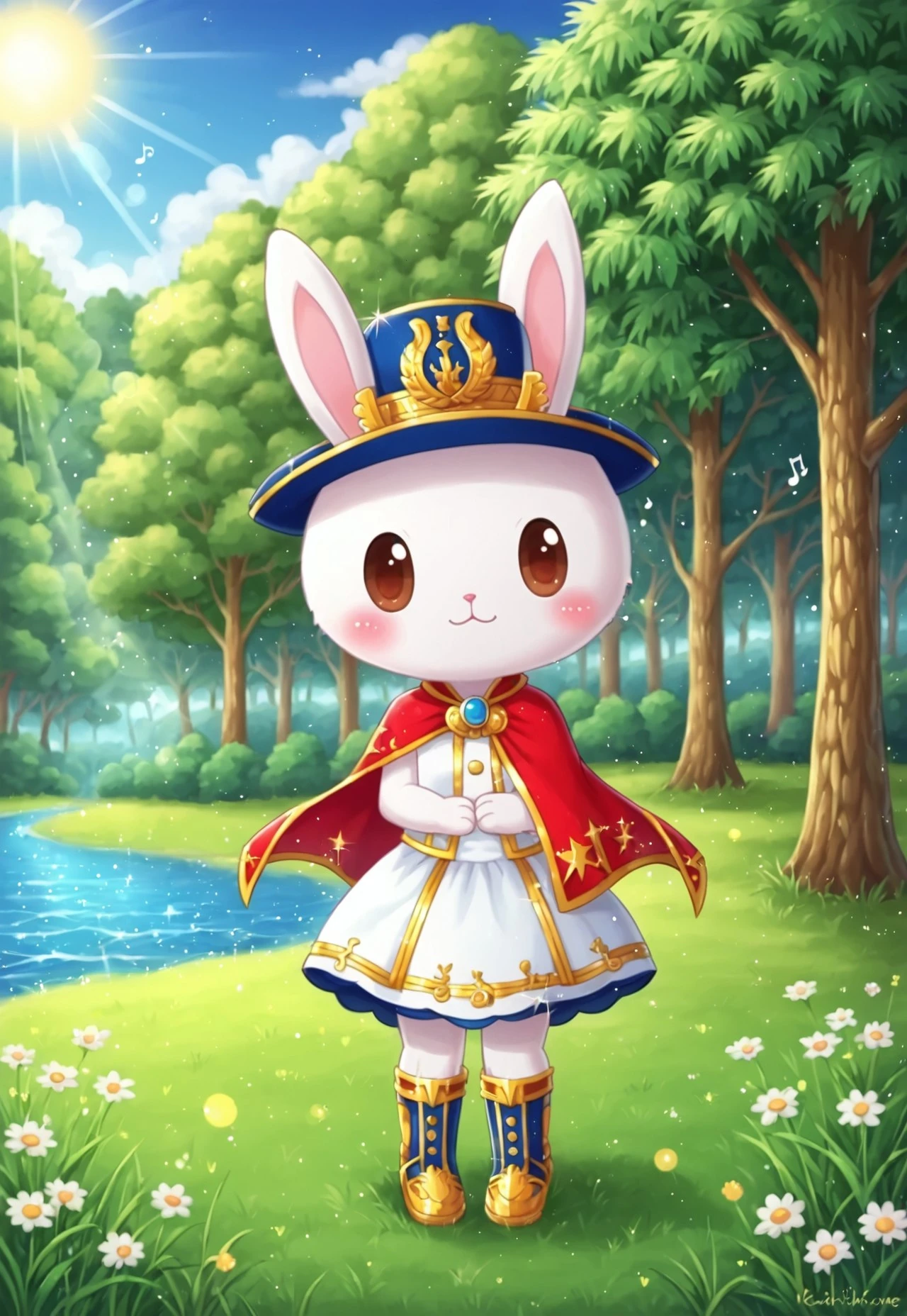 (cutecore, kawaiicore) 1girl, (anthro, furry, furry female) princess pring, rabbit, (white skin, white fur, bodyfur), white rabbit ears, white rabbit snout, rabbit nose, big eyes, dot eyes, brown eyes, blush, dark blue and gold strapless sleeveless music note print marching band dress, gold music note print, gold (music note print on dark blue strapless sleeveless marching band dress), gold buttons, gold chest buttons, red cape, white frilly underskirt, (white_underskirt under dress), red and blue gilded (feathered marching band hat), gold shoulderpads, navy blue and red gilded-trimmed boots, ((detailed scenery, detailed background)), outside, afternoon, verdant park, marsh, (verdant greenery, trees, lush bushes, grass, grassy lawn, wildflowers, water, lake, sunlight, sun rays, hearts, sparkles, glitter)
