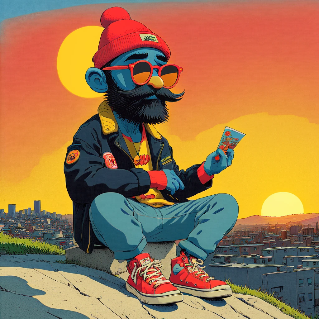<lora:Neo-Nihonga_Pop_SurrealismSDXL:1> Neo-Nihonga Pop Surrealism, The image shows a cartoon character with a beard and sunglasses sitting on top of a hill holding something in their hands. In the background there are buildings and a sun in the sky., red headwear, 1boy, male focus, hat, shoes, solo, jacket, pants, sneakers, colored skin