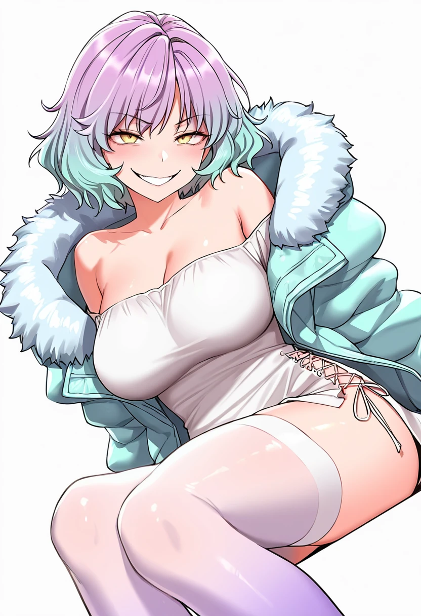smile、Mash Kyrielight、Ultra-detailed illustrations、Ultra-precise expression、masterpiece、Highest quality、ultra High resolution、High resolution、Hiromitsu Takeda Style、White background、Simple Background、whole body、One girl、soght purple hair、light purple hair、short hair、hair over one eyes、White camisole、White dress、Frills、Purple panties、Open your mouth、Erect nipples、Choker of Hearts、White Breath、Sweat、Glowing Skin、shiny skin、Front angle、View your viewers、stand、barefoot、
