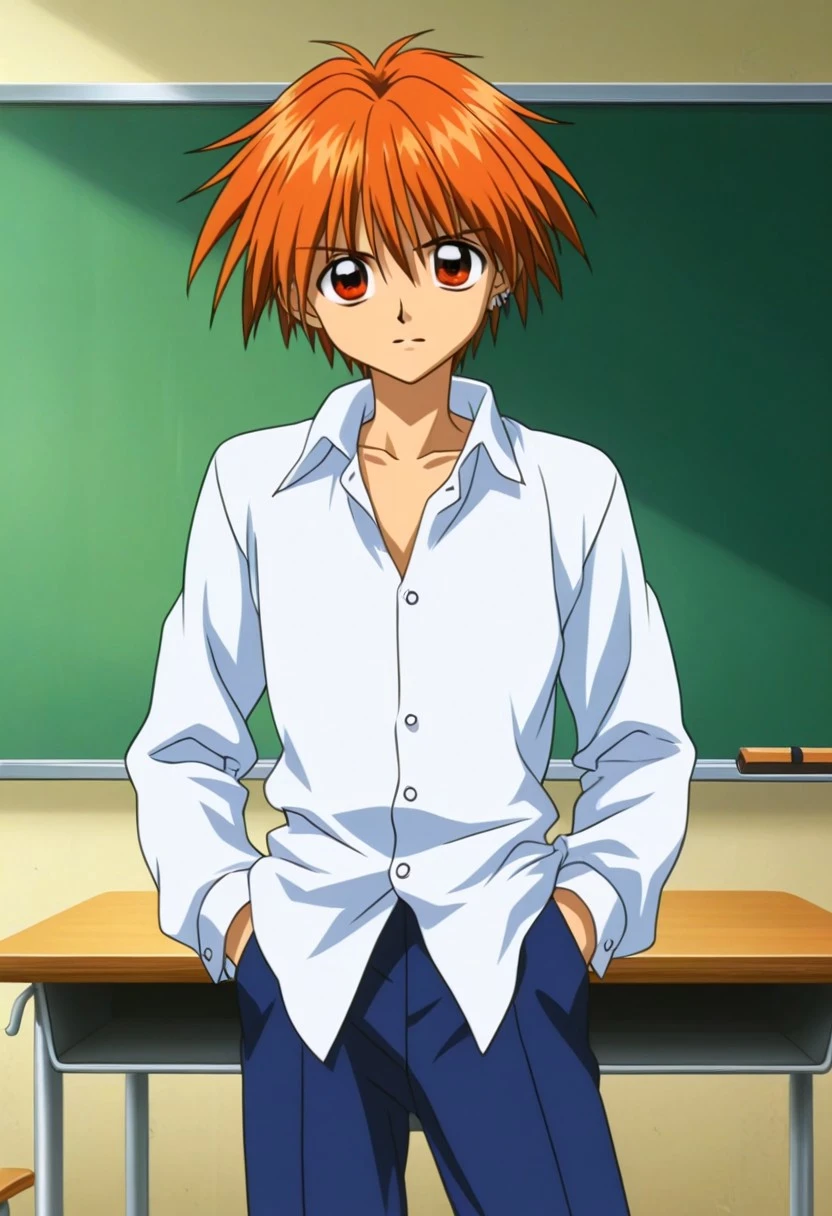 High quality, high definition, very clear, perfect eyes, perfect anatomy, anime, anime style, anime screencap, anime coloring, anime official art, 1male only, 1boy only, male focus, solo male, handsome, very attractive male, sexy, cute, charming, tall body, tall height, Kaito Doumoto, orange hair, orange eyes, ear piercing, white collared buttoned shirt, long sleeves, untucked shirt, blue pants, cowboy shot, head to hips shot, hands inside pocket pose, school classroom