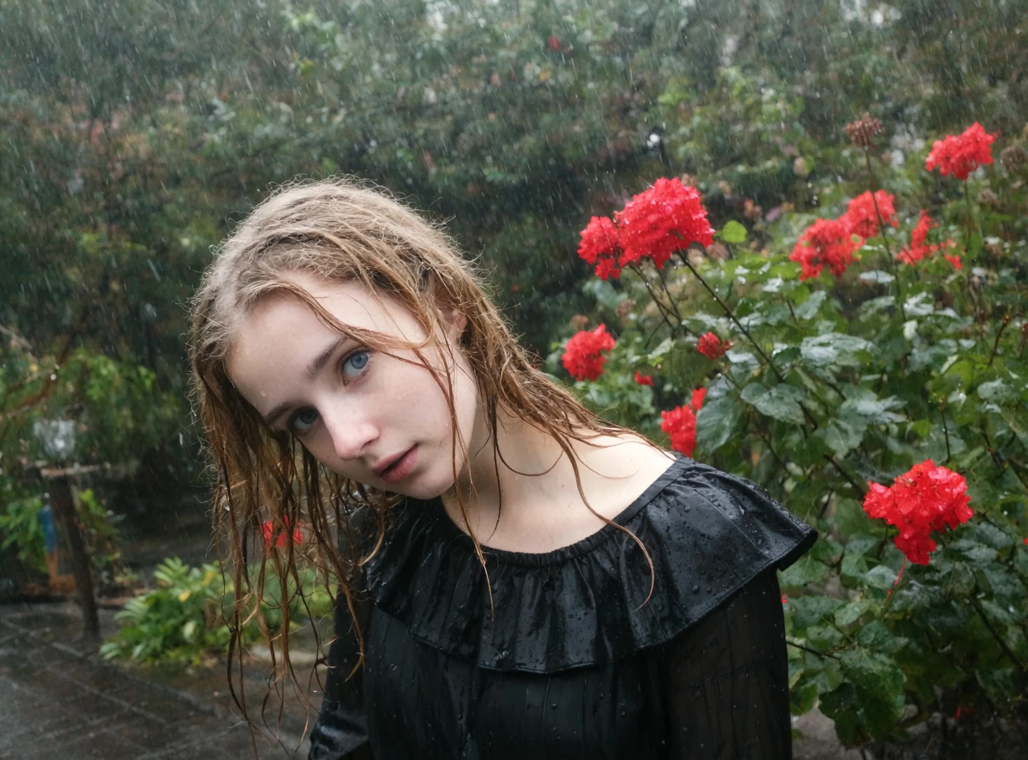 l3n0v0. underexposed outdoor scene, young slavic woman, early 20s, looking at the viewer, dreamy expression, gaze directed to the bottom, fair-skinned, wet hair clinging to face, long straight blonde hair, wearing black wet dress with ruffled collar, standing amidst lush greenery, vibrant red flowers surrounding, heavy rain falling, outdoor garden setting, overcast lighting, raindrops visible in mid-air, close-up angle, natural lighting conditions. amateur quality, candid style