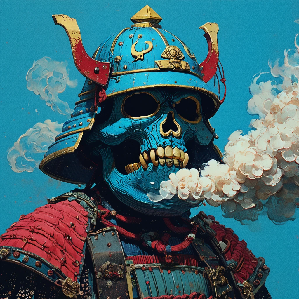 Score_9, score_8_up, score_7_up, score_6_up, <lora:Neo-Nihonga_Pop_SurrealismPony:1> Neo-Nihonga Pop Surrealism, The image shows a painting of a skull wearing a samurai helmet with smoke coming out of it set against a blue background., kabuto (helmet), japanese armor, armor, samurai, helmet, solo, blue background, shoulder armor, sode, kusazuri