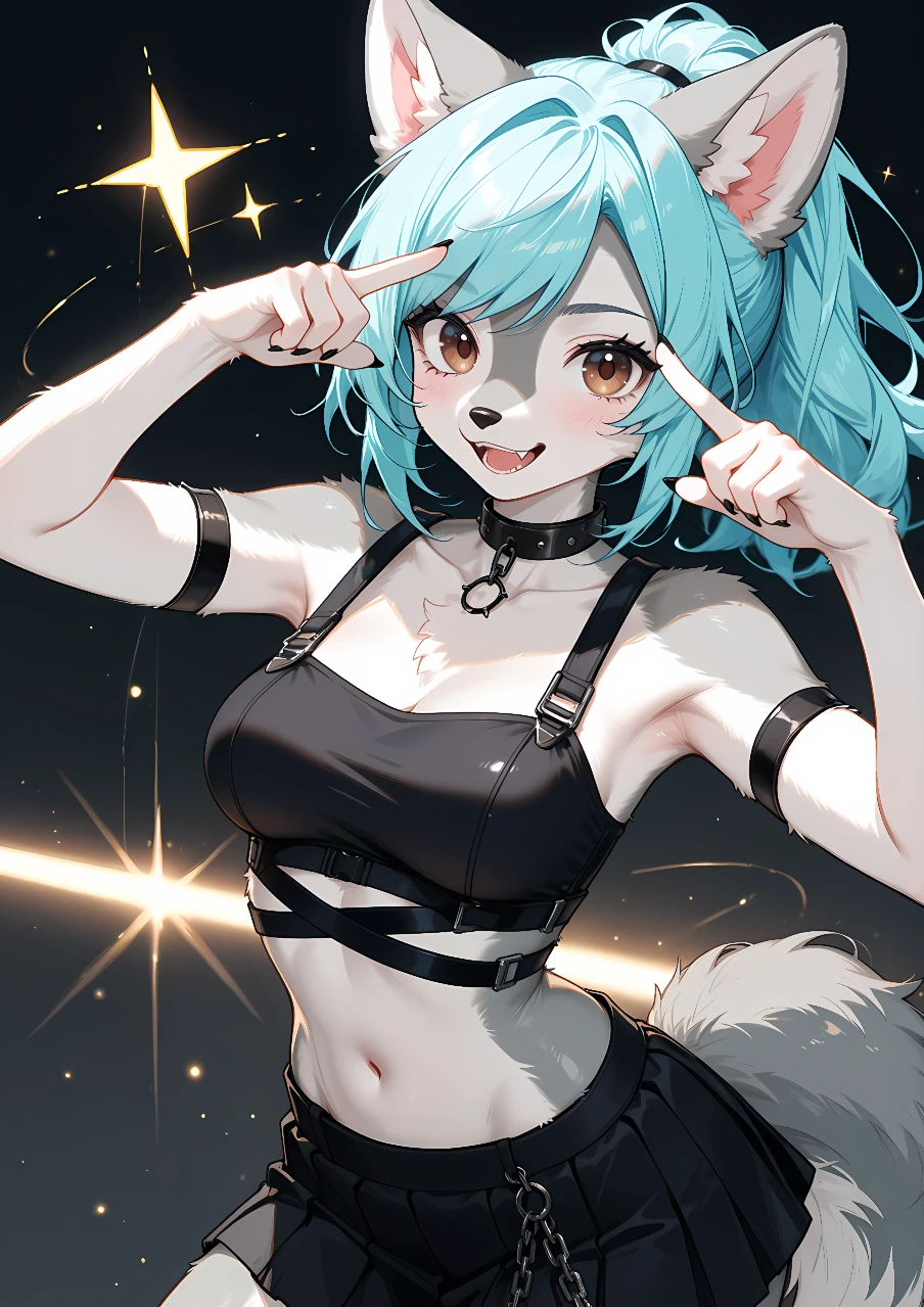 furry, female, anthro, husky, ponytail with side-swept bangs, light blue hair, grey fur, brown eyes, eipril,
1girl, black mini skirt, black short top, star pose,
<lora:cnv3mdde878c738thn20:0.7>