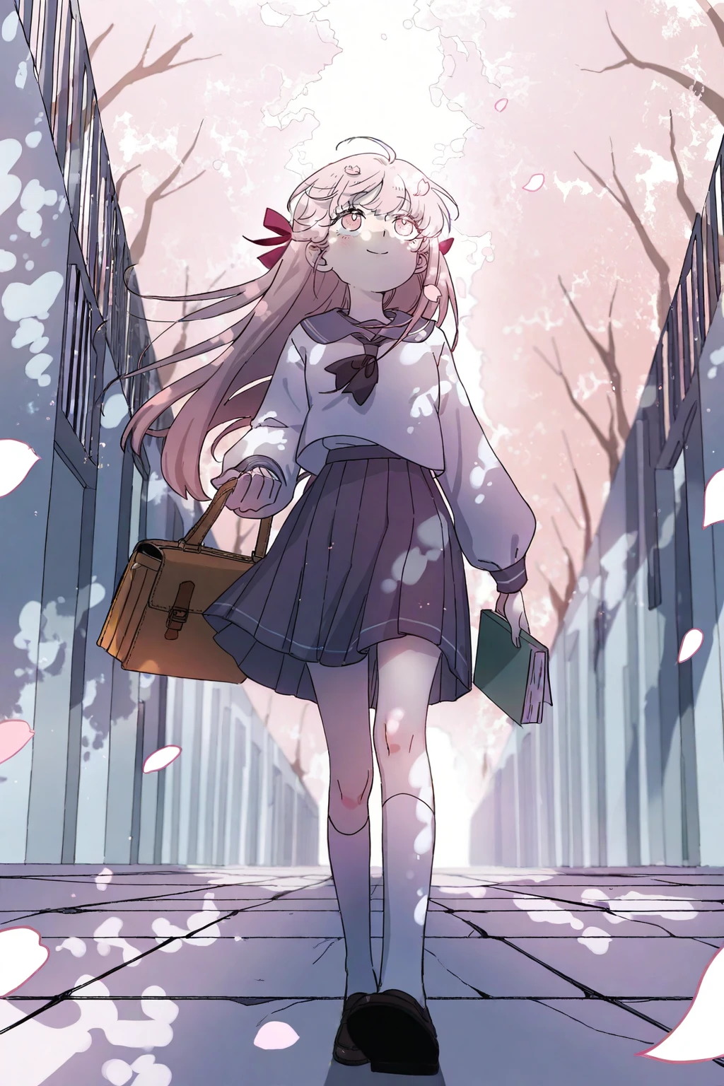 highres,absurdres,very awa,masterpiece,best quality,newest,year 2024,
<lora:UselessFox-Style-000116:0.8>,
sailor uniform,ribbon tie,knee socks,book bag,
gentle smile,cherry blossom in hair,
walking on path,holding textbook,looking up,
sakura petals falling,stone pavement,pink canopy,distant school gate,
dappled sunlight,bloom effect,pastel color palette,
full body shot,low angle view,path perspective,