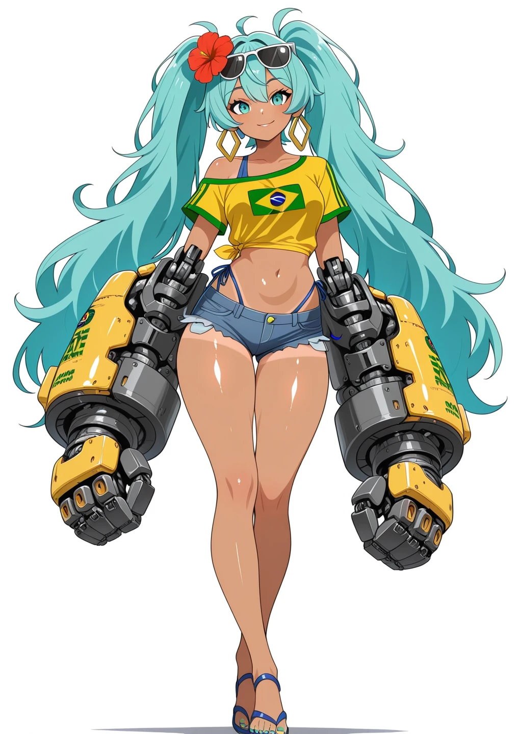 masterpiece, absurdres, textless version, perfect hands, best hands,  best detail, best quality, detailed, high quality, BREAK,  shiny skin, 1girl, full body,  <lora:Large_Robotic_Arms_Illustrious:0.8> large_robo_arms, robotic arms, large robotic arms.,  <lora:Brazilian_Miku_Hatsune_Miku_Vocaloid_Illustrious:0.8> brazilian miku, aqua hair, sunglasses on head, flower in hair, yellow shirt, brazil flag on shirt, denim shorts, booty shorts, tanned, 1girl, hatsune miku,