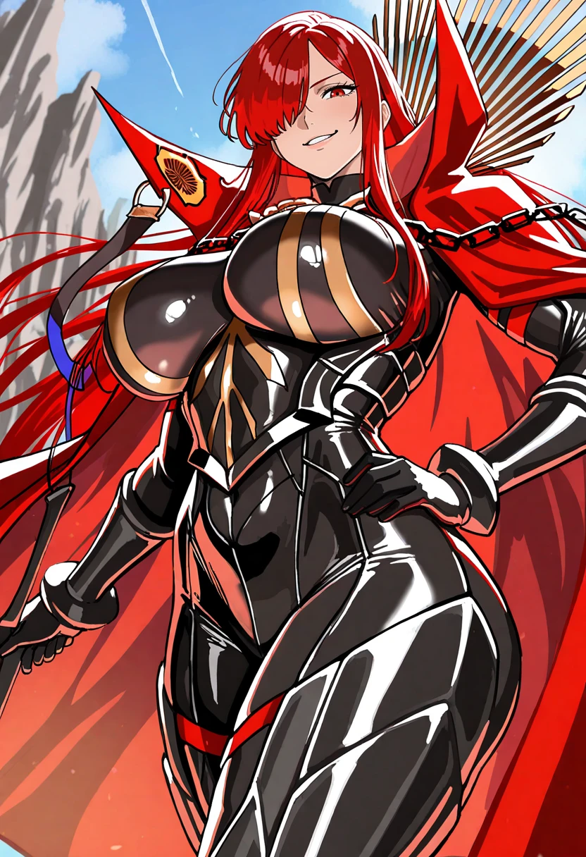 funger, very detailed illustration, mature woman, huge breasts, cleavage, highres, high quality, masterpiece, looking at viewer, (knight), orange long hair, bang, side locks, hair tubes, absurdres, ultra-detailed, short hair, full body, wide hips, thick thighs, huge ass