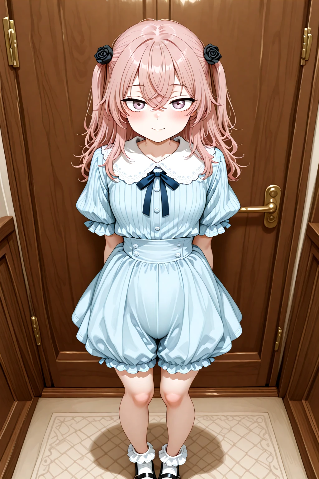 masterpiece, best quality, amazing quality, 1girl, solo, makeup, general, full body, looking at viewer, blush, dramatic angle, from_front, smile, boutique, indoors, fancy, lovely, <lora:sajuna-inui-s1-illustriousxl-lora-nochekaiser:0.8>, sajuna inui, inui sajuna, long hair, bangs, hair ornament, hair between eyes, pink hair, pink eyes, two side up, crossed bangs, hair flower, black rose, mature female, small breasts, <lora:Antique_Striped_Blouse_Bloomer_Pant_Outfit:1>, Antique_Striped_Blouse_Bloomer_Pant_Outfit, blue shirt, striped shirt, vertical-striped clothes, pants, blue bloomers, puffy short sleeves, frilled sleeves, frills, neck ribbon, blue ribbon, frilled socks, mary janes, shirt tucked in, <lora:wai-A3-V140:1>, <lora:illustrious_noobai_epsilon_pred_1_masterpieces_v1:1>