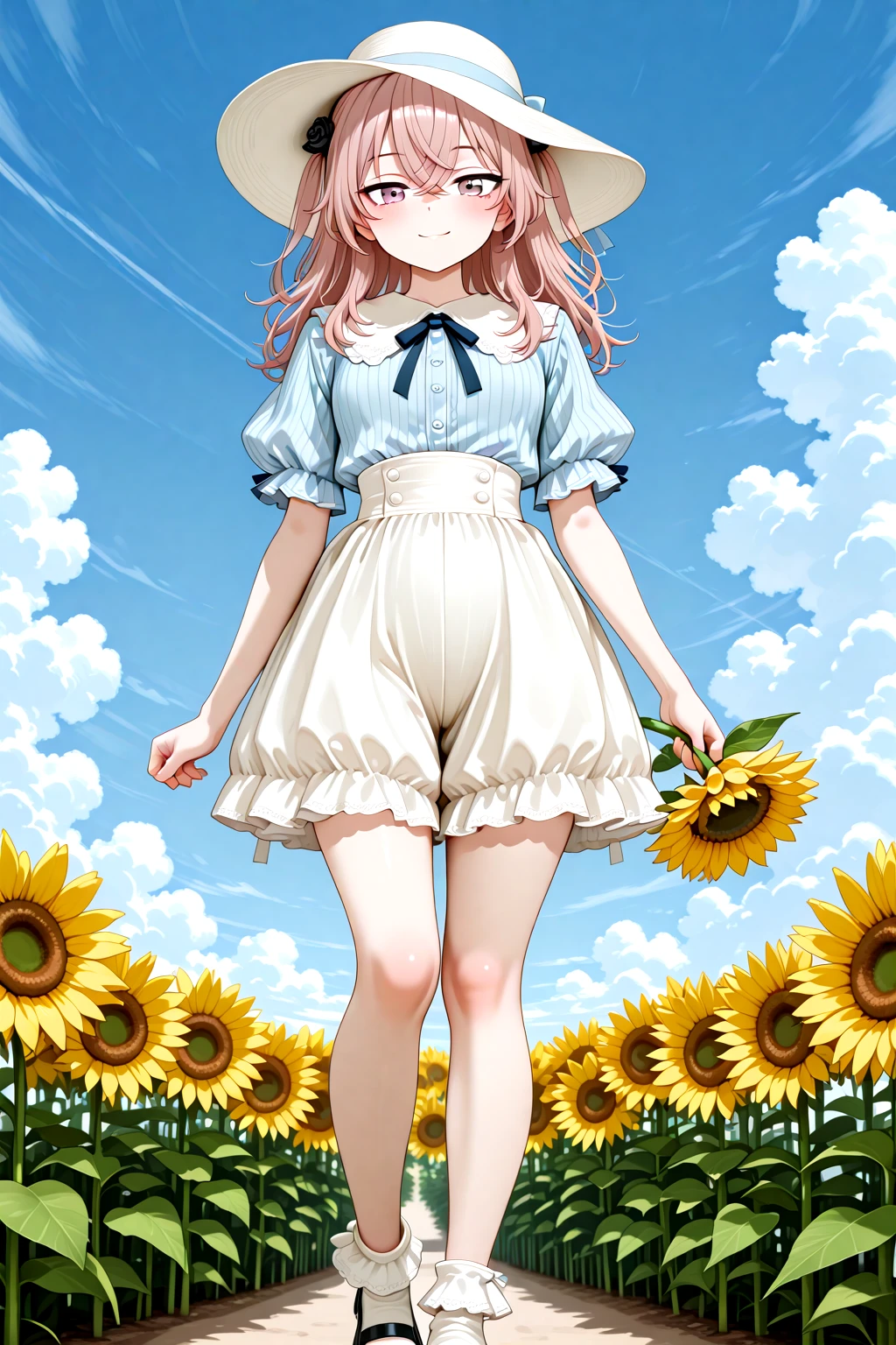masterpiece, best quality, amazing quality, 1girl, solo, makeup, general, full body, looking at viewer, blush, dramatic angle, from front, smile, outdoors, sunflower field, sky, cloud, summer, ((holding giant flower)), ((white summer hat)), <lora:sajuna-inui-s1-illustriousxl-lora-nochekaiser:0.8>, sajuna inui, inui sajuna, long hair, bangs, hair ornament, hair between eyes, pink hair, pink eyes, two side up, crossed bangs, black rose, hair flower, mature female, small breasts, <lora:Antique_Striped_Blouse_Bloomer_Pant_Outfit:1>, Antique_Striped_Blouse_Bloomer_Pant_Outfit, blue shirt, striped shirt, vertical-striped clothes, pants, bloomers, puffy short sleeves, frilled sleeves, frills, neck ribbon, blue ribbon, frilled socks, mary janes, shirt tucked in, <lora:wai-A3-V140:1>, <lora:illustrious_noobai_epsilon_pred_1_masterpieces_v1:1>
