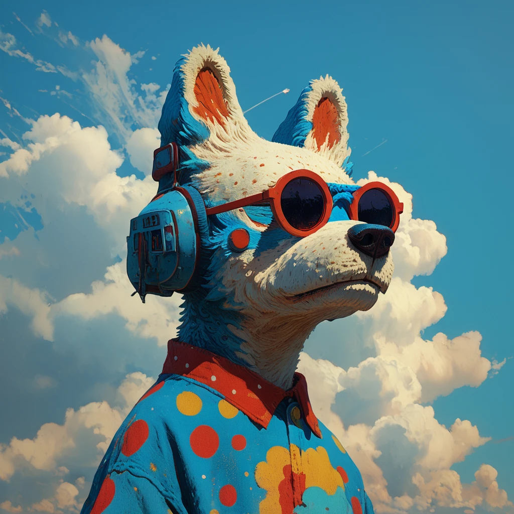 Score_9, score_8_up, score_7_up, score_6_up, <lora:Neo-Nihonga_Pop_SurrealismPony:1> Neo-Nihonga Pop Surrealism, The image shows a cartoon dog wearing sunglasses and a polka dot shirt standing in front of a TV tower with clouds in the sky and a blue background., cloud, sky, solo, furry, animal ears, male focus, upper body, blue sky, sunglasses, day