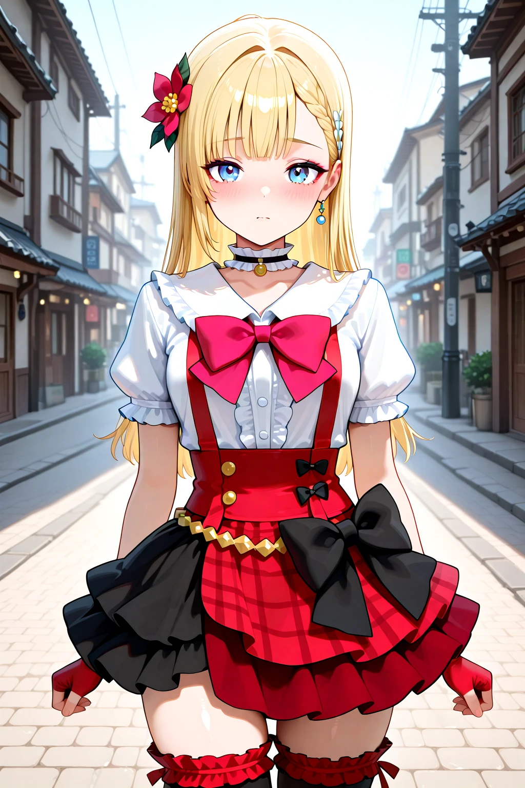 masterpiece, best quality, amazing quality, 1girl, solo, makeup, general, cowboy shot, looking at viewer, blush, dramatic angle, shy, humiliation, outdoors, street, <lora:RFGoA_Clar:1>, RFGoA_Clar, long hair, blue eyes, blonde hair, braid, blunt bangs, breasts, makeup, eyeshadow, hair flower, <lora:BokuIma_costumeV1.1_illustrious:0.8>, nico_stagecostume, collared shirt, fingerless gloves, choker, layered skirt, suspender skirt, half-skirt, black side bow, chest bow, frilled thighhighs, simple black boots, <lora:wai-A3-V140:1>, <lora:illustrious_noobai_epsilon_pred_1_masterpieces_v1:1>