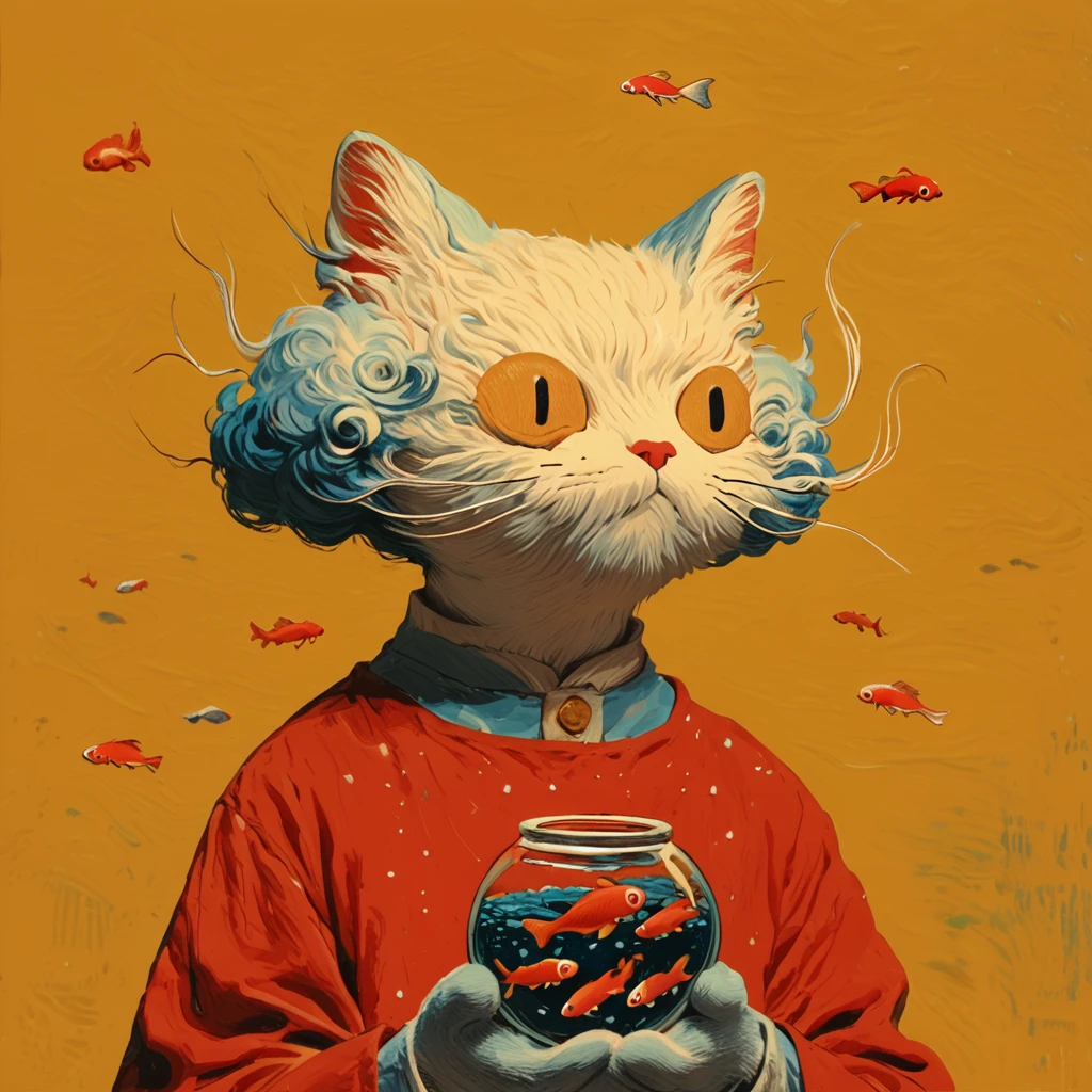 Score_9, score_8_up, score_7_up, score_6_up, <lora:Neo-Nihonga_Pop_SurrealismPony:1> Neo-Nihonga Pop Surrealism, The image shows a cartoon cat wearing a red dress holding a goldfish bowl in its hands with a yellow background., yellow background, solo, holding, simple background, fish, upper body, cat ears, whiskers, shirt, long sleeves