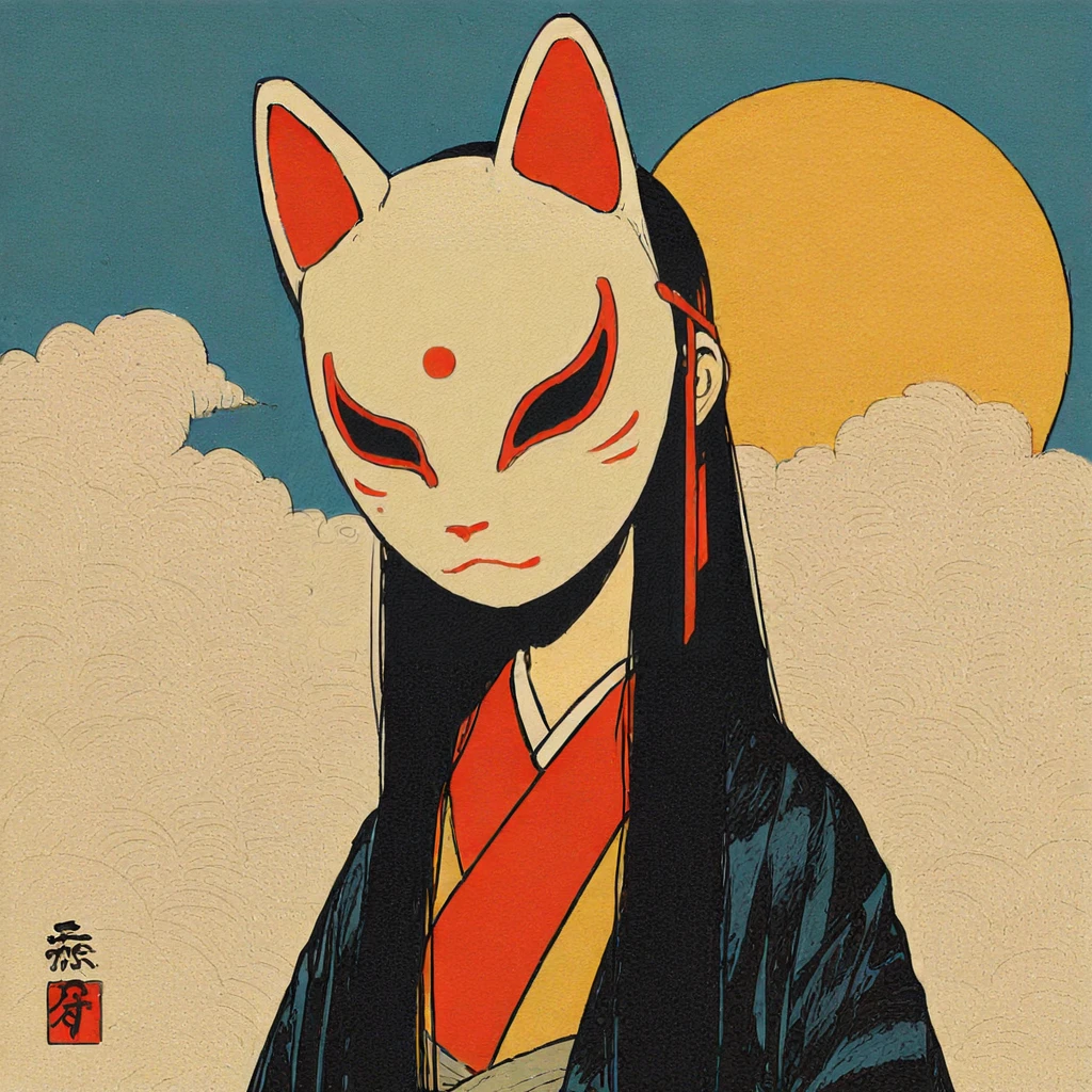 <lora:Neo-Nihonga_Pop_SurrealismIllustrious:1> Neo-Nihonga Pop Surrealism, The image shows a woman in a kimono with a cat mask on her face standing in front of a backdrop of clouds and a sun., 1girl, fox mask, solo, long hair, black hair, japanese clothes, mask, kimono, upper body, circle