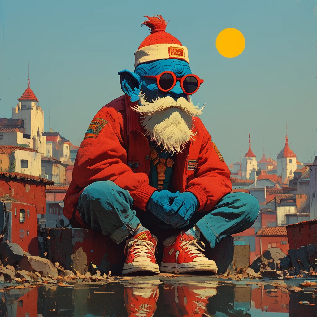 Score_9, score_8_up, score_7_up, score_6_up, <lora:Neo-Nihonga_Pop_SurrealismPony:1> Neo-Nihonga Pop Surrealism, The image shows a cartoon character with a beard and sunglasses sitting on top of a hill holding something in their hands. In the background there are buildings and a sun in the sky., red headwear, 1boy, male focus, hat, shoes, solo, jacket, pants, sneakers, colored skin