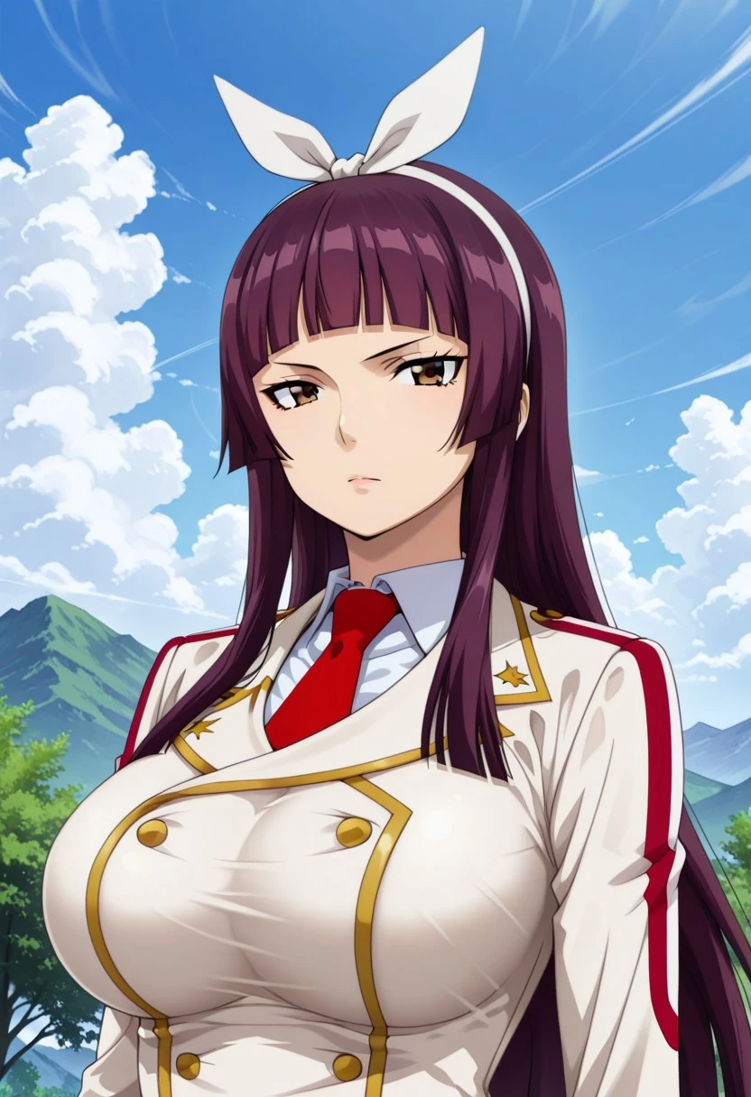 whentai,
1girl, Kagura Mikazuchi, long hair, purple hair, hime cut, white hairband, brown eyes, solo, long_hair, necktie, purple_hair, breasts, looking_at_viewer, brown_eyes, large_breasts, outdoors, sky, bangs, day, uniform, cloud, blunt_bangs, red_necktie, school_uniform, hairband, upper_body, blue_sky, shirt, mountain
