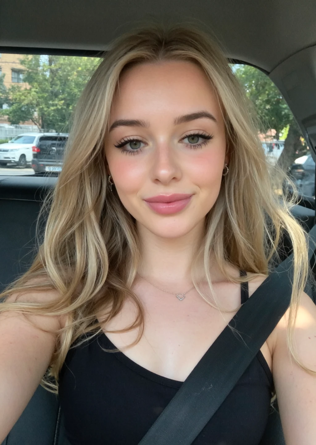 Instagirl, l3n0v0, no makeup, petite body, with tilted head and loose hair tendrils, front-facing phone camera low angle, young caucasian woman with heart-shaped face, blonde wavy medium-length hair, wearing thin-strapped black tank top and delicate gold triangle necklace, seated inside car against dark headliner and tree-lined parking lot visible through window, natural daylight with soft shadows, warm glow accentuating skin highlights, slight lens distortion, casual candid vibe, photo is amateur cellphone quality

visible sensor noise, artificial over-sharpening, heavy HDR glow, amateur photo, blown-out highlights, crushed shadows
