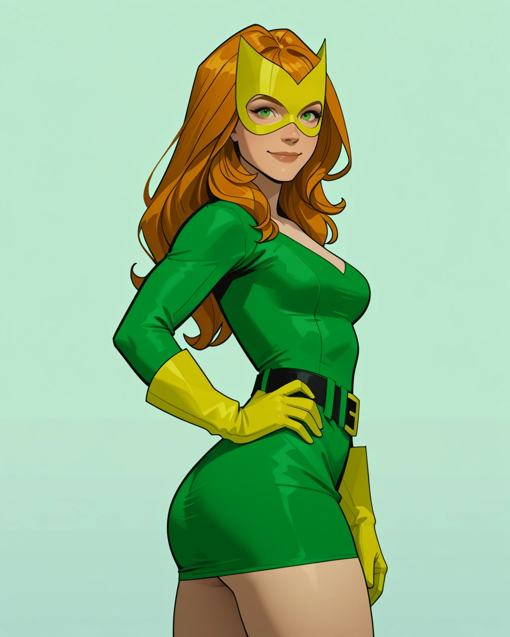 marvgirl2023, 1 girl, ginger hair, uhd, best quality, masterpiece, 5 fingers, closeup, full body, long hair, yellow eye mask, green dress, green eyes, elegant mansion, yellow gloves, holding head, psychic,