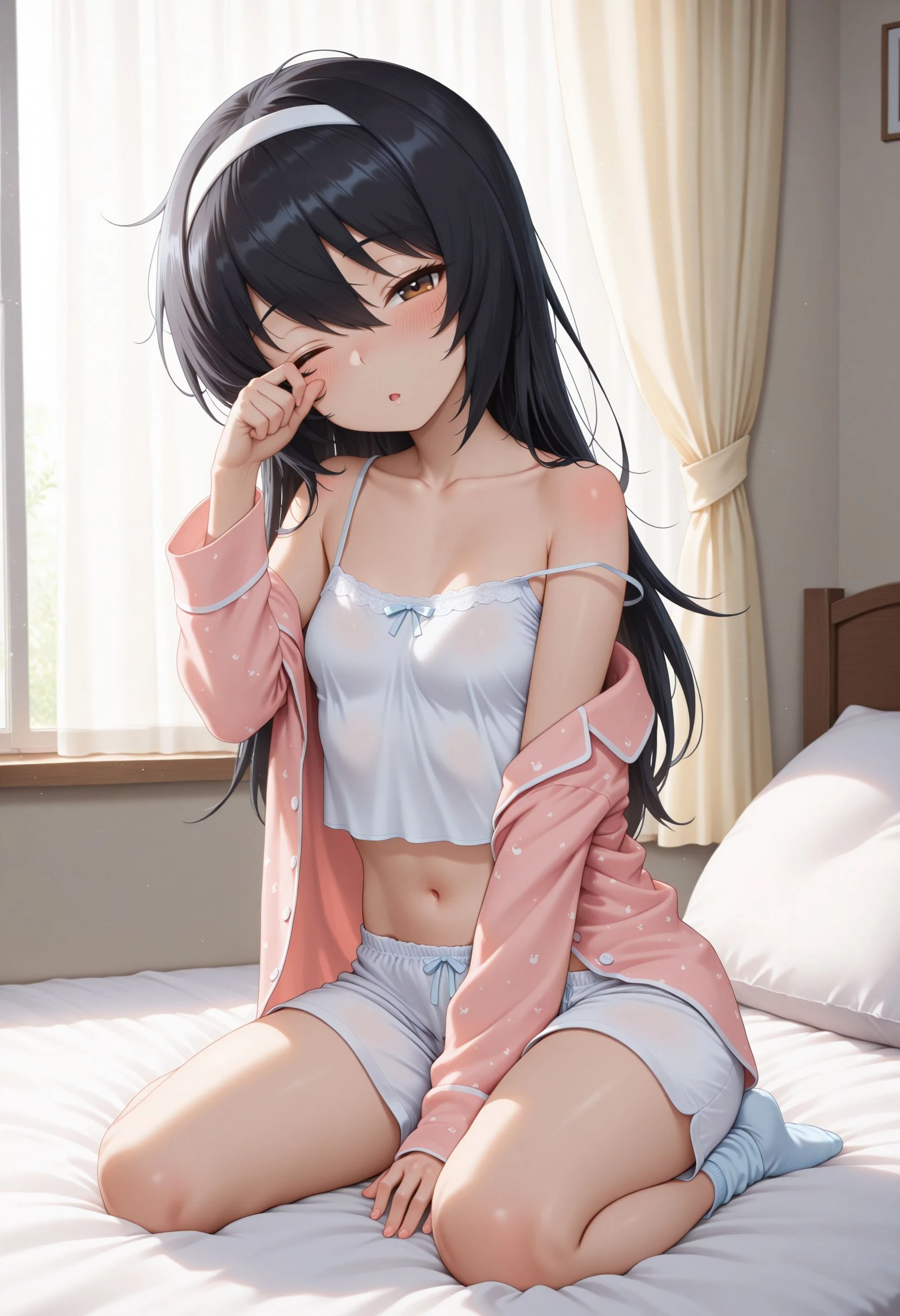 best quality, highres,Slender、brown eyes、tall、black hair、(bangs bangs:1.5)long hair,straight hair、Hotel、dark room、lying on the bed、19 years old、(light pink underwear:1.5)