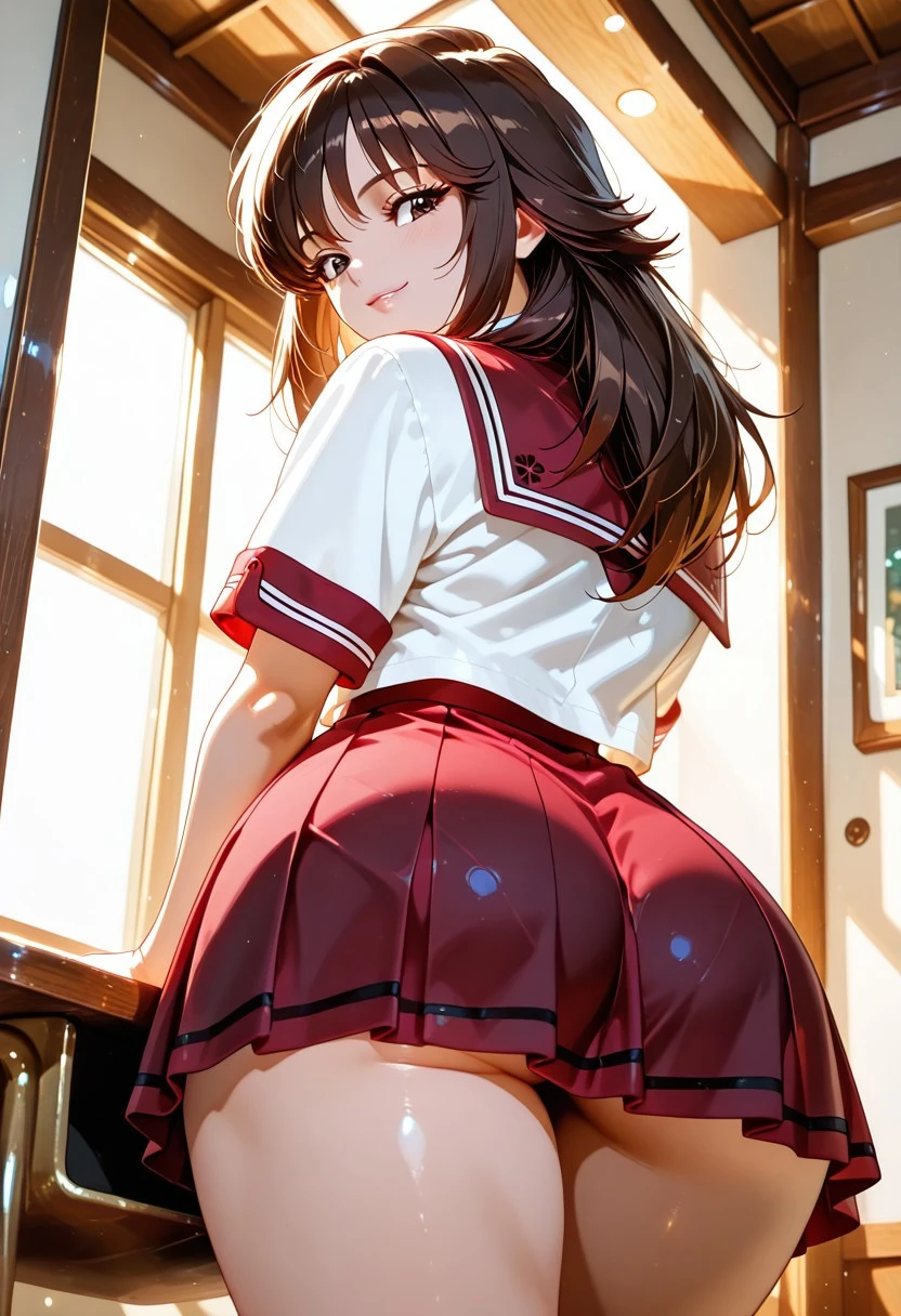 masterpiece, best quality, highly detailed, high quality, <lora:Tomoko Saeki - [DNA2] - semi realistic, sysdeep_tomoko, dark brown hair, dark brown eyes,  retro artstyle,cowboy_shot, wide_hips, 
solo, looking at viewer, seductive smile, 
, thighs, indoors, school_uniform, back view, low angle, looking back,