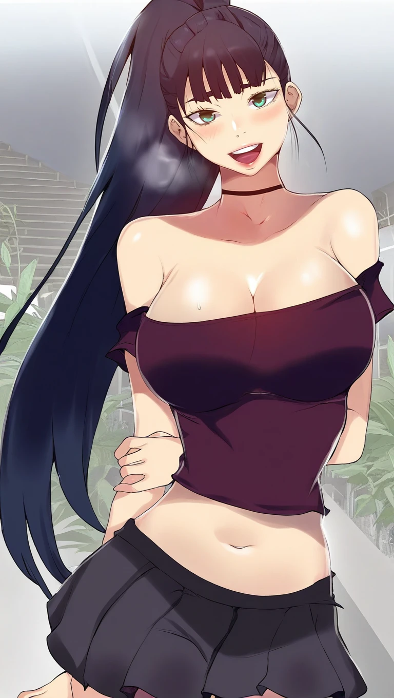 ((best quality)), ((masterpiece)), (detailed), perfect face a sexy girl with blue eyes and black hair with big breasts wearing a sexy top and shorts revealing her sexy cleavage biting her lips with a seductive look sitting in a restaurant