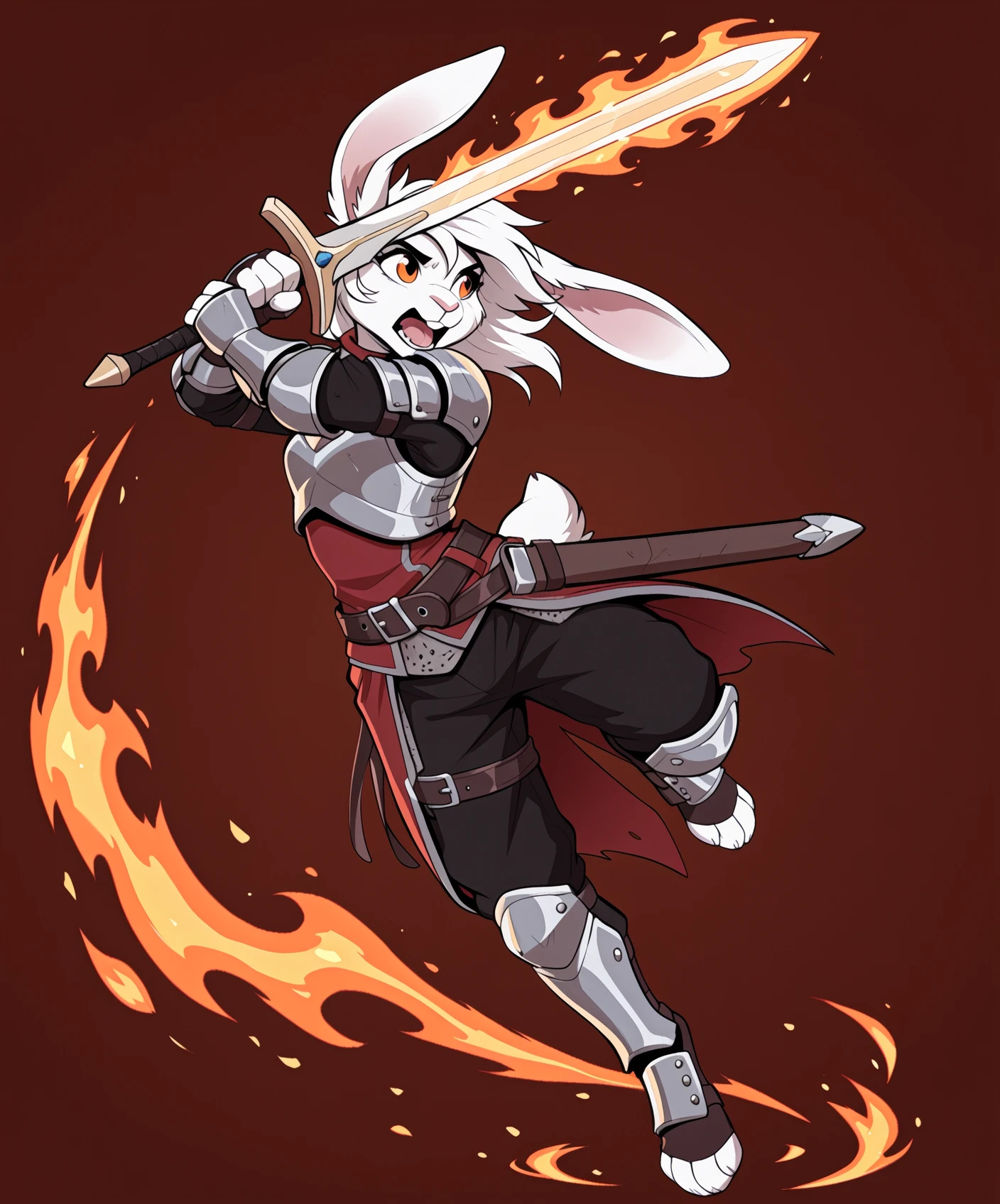 [lizet|adios|dradmon|fumiko], anthro, female, male, solo, clothing, hair, fur, simple background, clothed, open mouth, white body, teeth, white fur, biped, holding object, pose, weapon, armor, melee weapon, orange eyes, fire, sword, action pose, jumping, mammal, felid, lagomorph, leporid, rabbit
