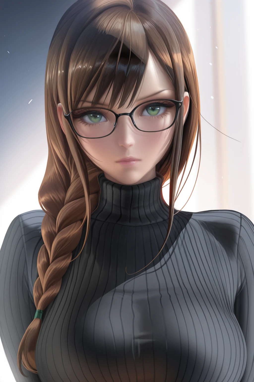 {{masterpiece,best quality,amazing quality}}, sakimichan, 1girl, solo, looking at viewer, upper body,
brown hair, bangs, single braid, green eyes, black glasses, large breasts, expressionless, black sweater, turtleneck, ribbed sweater
 <lora:Sakimichan_v3 illustrious:1>