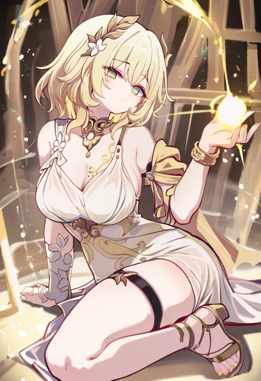 (close up) (adult woman:1.4) (nude:1.1) (topless:1.1) (elaborate beautiful dress:1.5) (from above) (squatting:1.2) (golden halo) black choker, night, dark cozy bedroom, mood lighting, on bed, Absurd, Perfect Anatomy, performance, Good lighting, Shadows in the movies, large breasts, large butt, thin waist, Long HAIR, light brown HAIR, (loving look:1.4), original HAIR style, Dynamic Angle, (detailed face:1.3) (dynamic lighting:1.5) (gold leaf bracer on arms) (elaborate gold necklace)