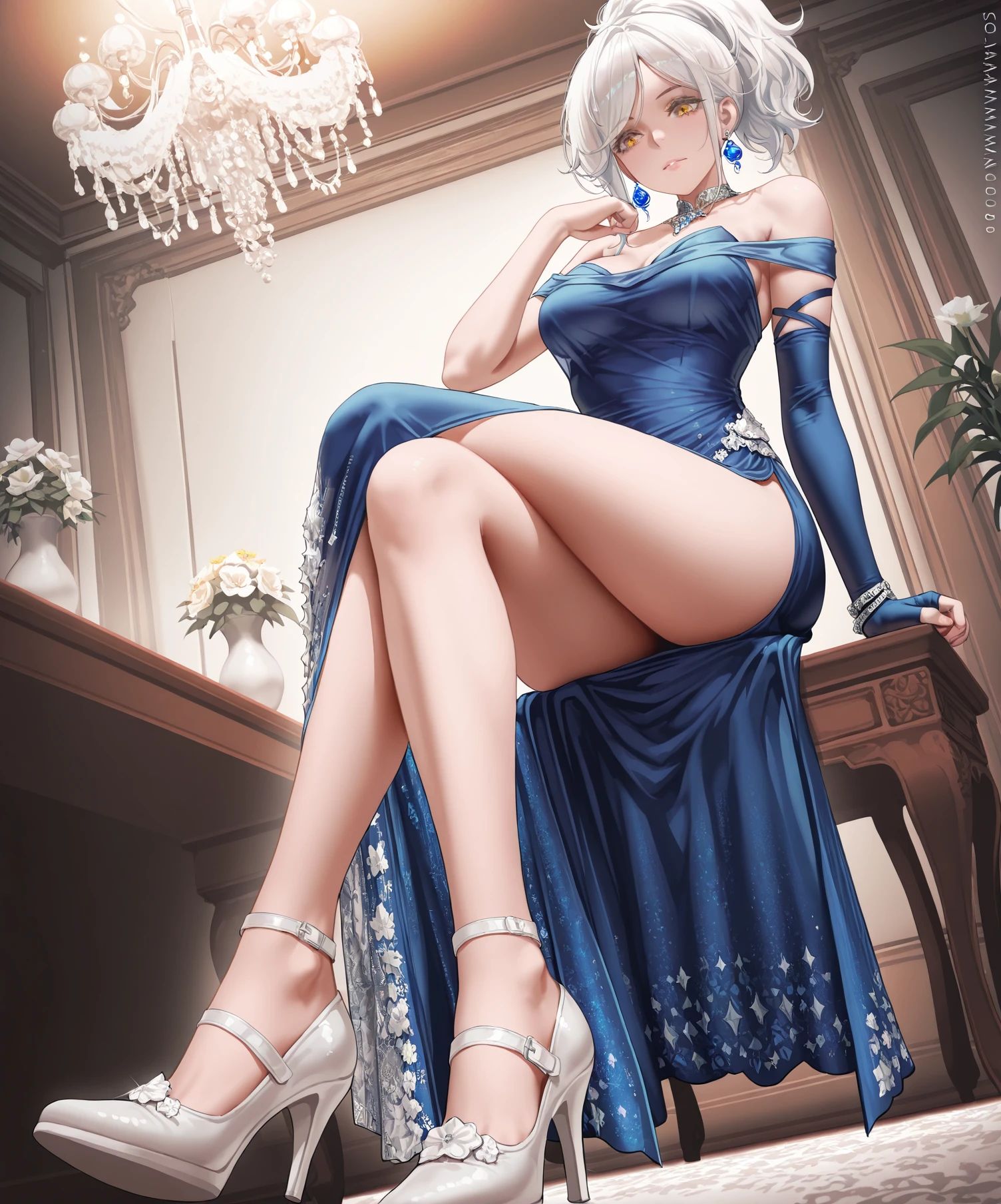 CRU, beautfull woman, (far away, White hair, Wavy hair, blue colored eyes), in the office, leaning on the table, Prom outfit, beautiful and graceful dress, dress that covers the entire body, rosto gentil, (whole body:1.3), (Medium Boobs:1.3), (work of art) (perfect proportion)(photo realist)(best qualityer) (detailded) (8k) (HDR) (wall-paper) (cinematic lighting) (sharp focus) (intrikate)