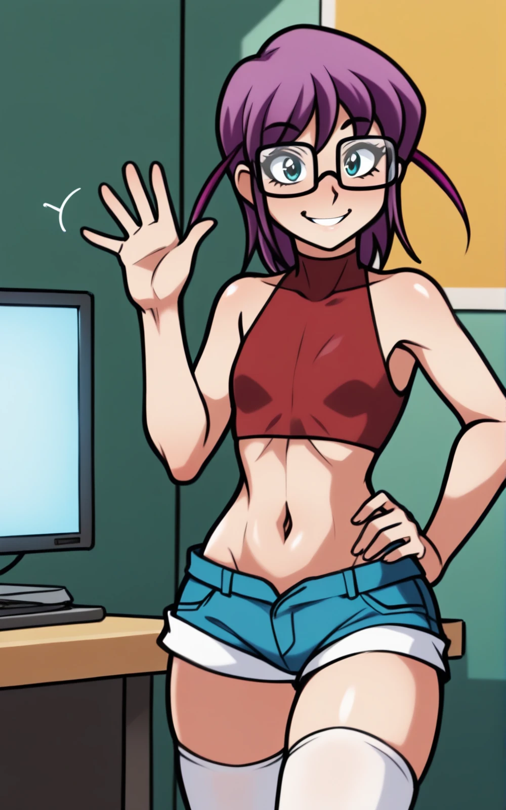 masterpiece, best quality, looking at viewer, upper body, portrait, looking at viewer, seductive smile, put your hands behind your head, armpits, armpits visible, sweaty armpits, hinata aki, very large breasts, blue hair, purple hair, wearing tanktop, no bra, wearing glasses, ponytail