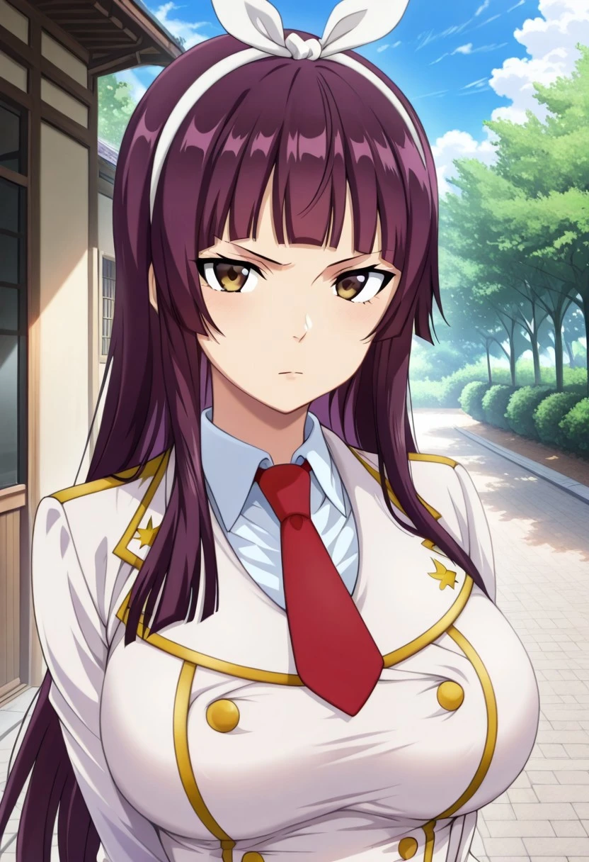 whentai,
Kagura Mikazuchi, long hair, purple hair, hime cut, white hairband, brown eyes, 1girl, solo, necktie, breasts, looking at viewer, shirt, day, closed mouth, purple hair, red necktie, black pantyhouse, outdoors, large breasts