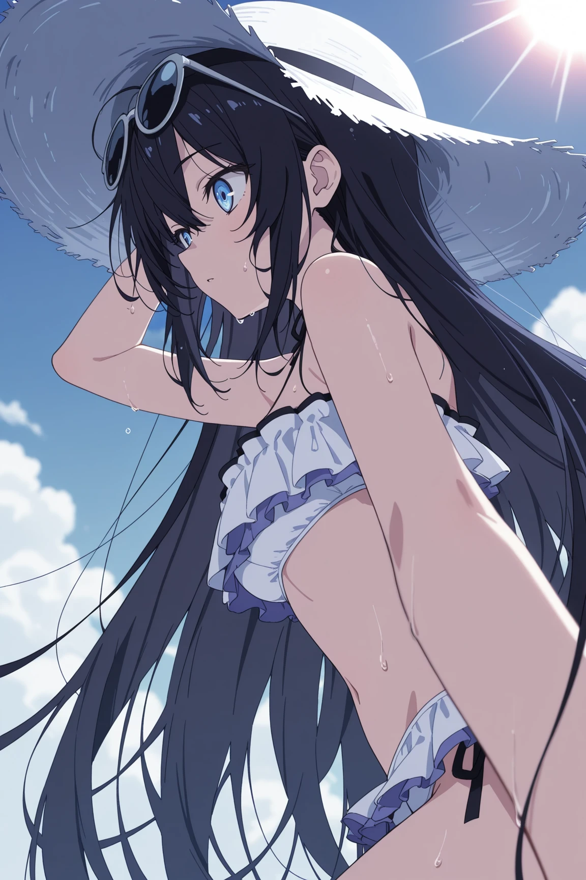 Cute white underwear visible when skirt is lifted、A blue bra showing through the white dress shirt of the uniform、barefoot、Cumulonimbus cloud and blue sky